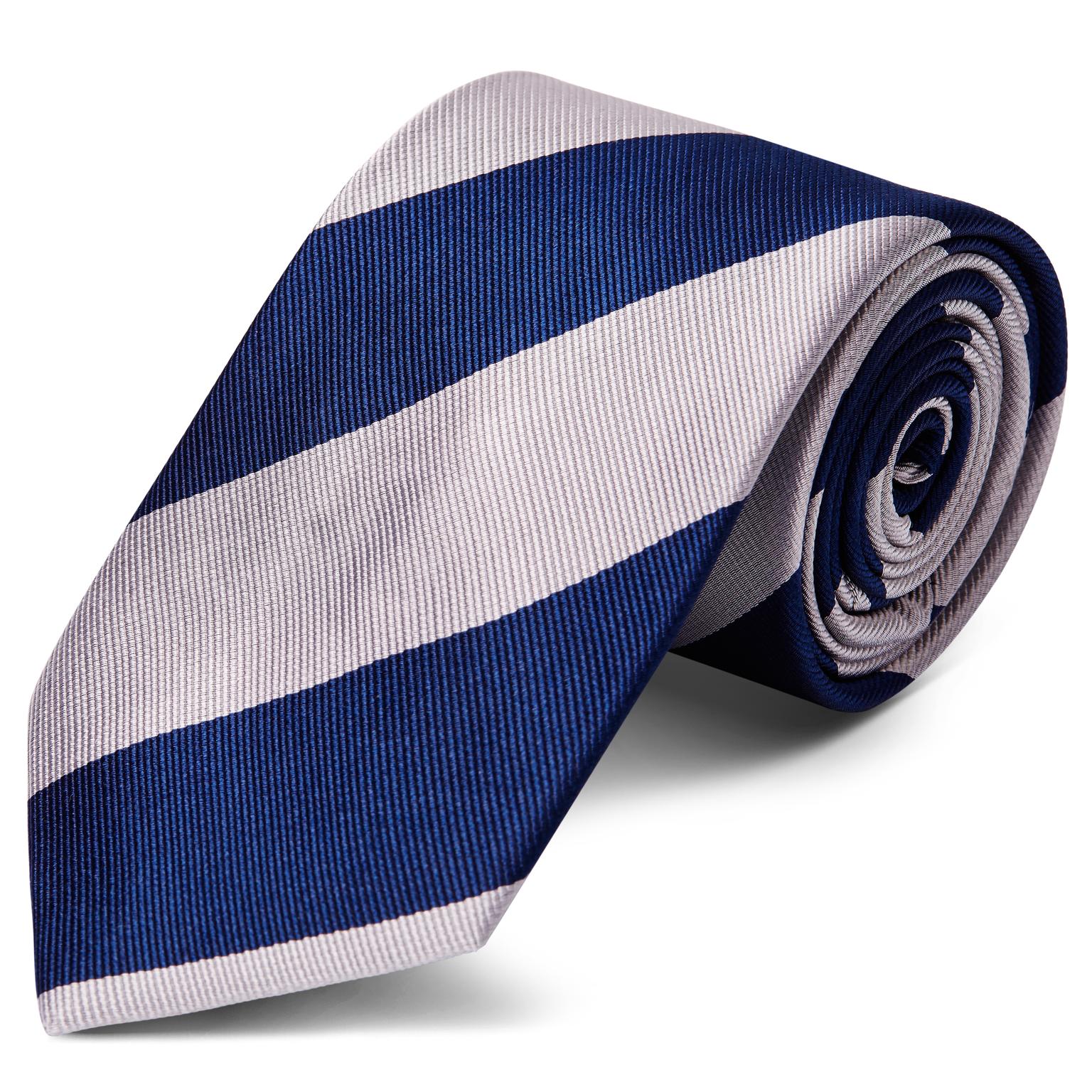 Corbata de 8 cm de seda con rayas azul marino y plateadas Corbata de 8 cm de seda con rayas azul marino y plateadas