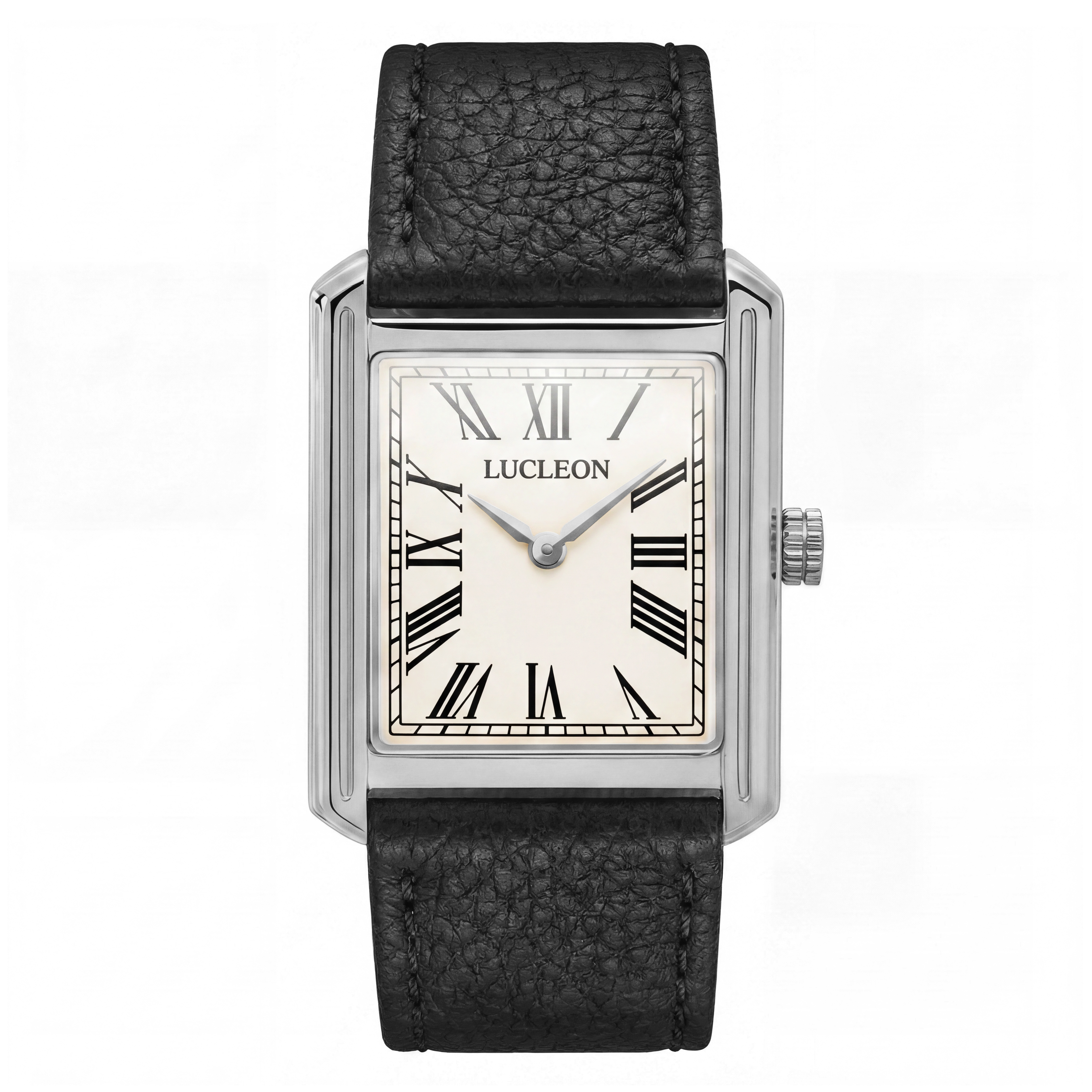 Legacy | Retro Sølvtonet Firkantet Ur med Cremefarvet Urskive, Romertal & Sort Læderrem