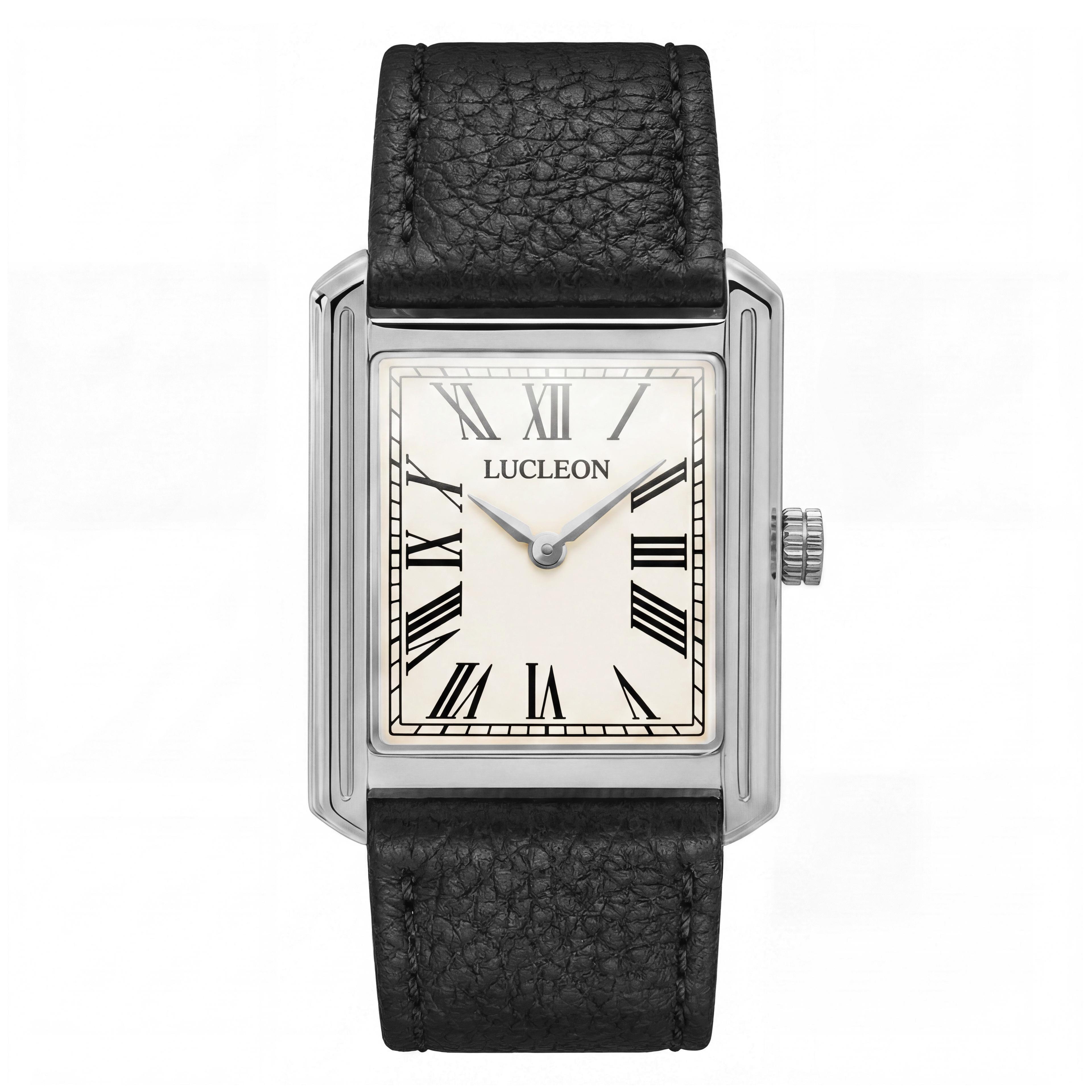 Legacy | Retro Sølvtonet Firkantet Ur med Cremefarvet Urskive, Romertal & Sort Læderrem - 1