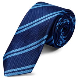 Gravata em Seda Azul Escura com Risca Dupla Azul de 6 cm