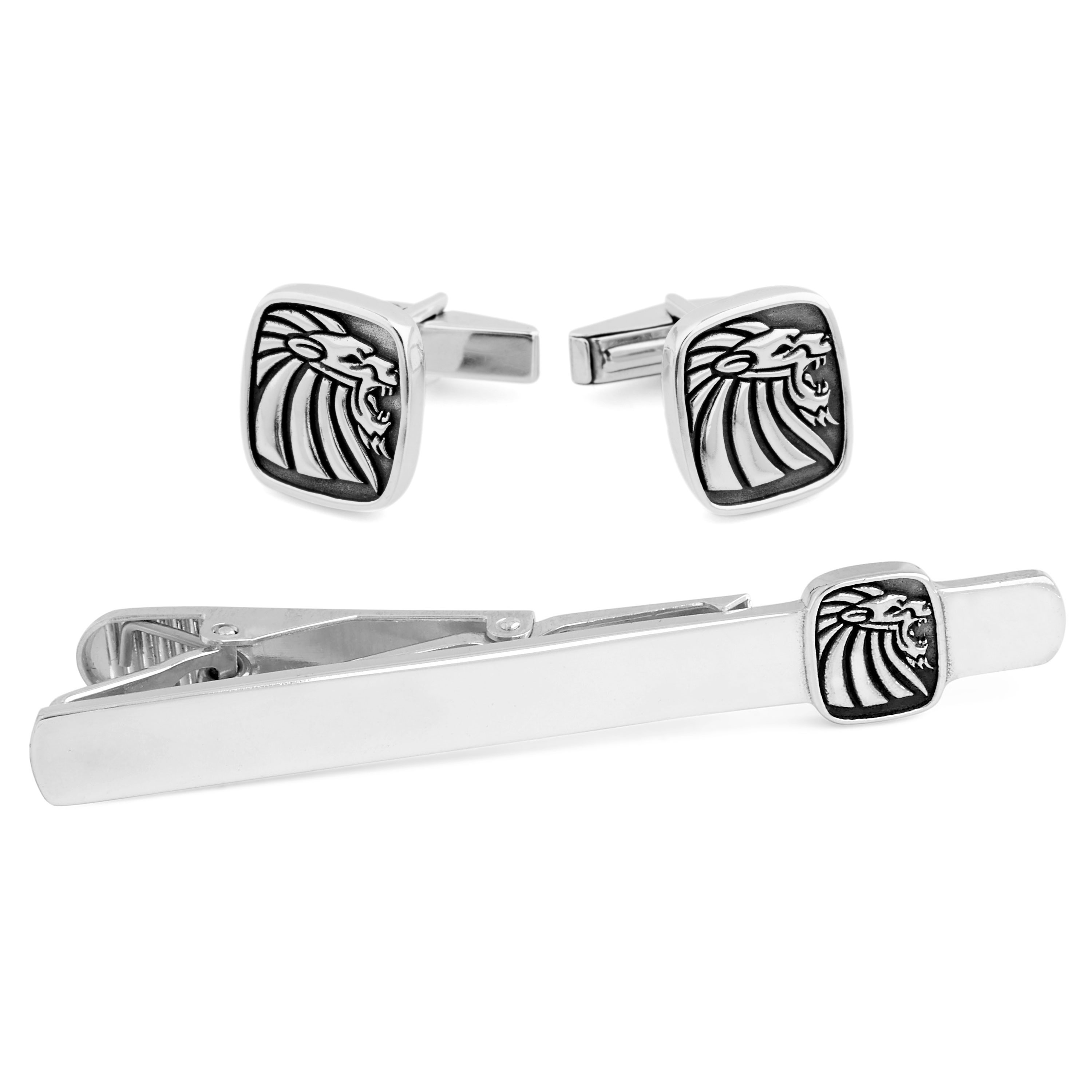 Löwe Tribut 925er Silber Krawattenklammer & Manschettenknöpfe Set - 1