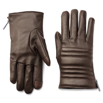 Brown Touchscreen Ribbed Leather Gloves