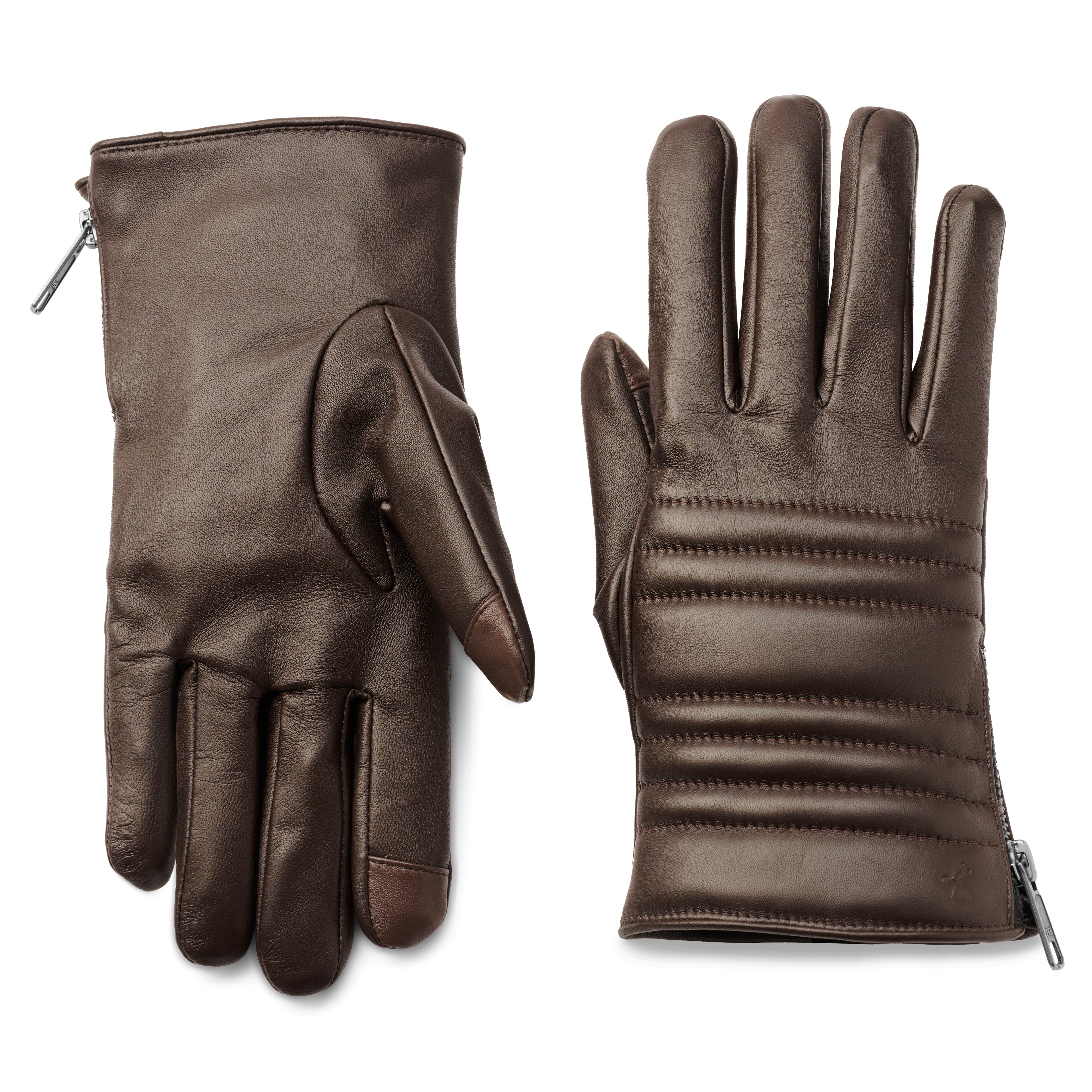 Hnedé rebrované kožené rukavice kompatibilné s dotykovou obrazovkou