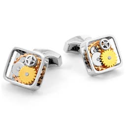 Square Gear Movement Silver- & Gold-tone Stainless Steel Cufflinks