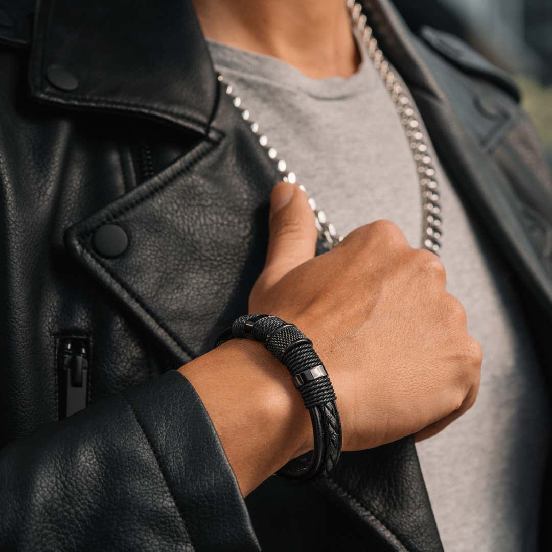 Icon | All Black Leather & Stainless Steel Bracelet | In stock! | Lucleon