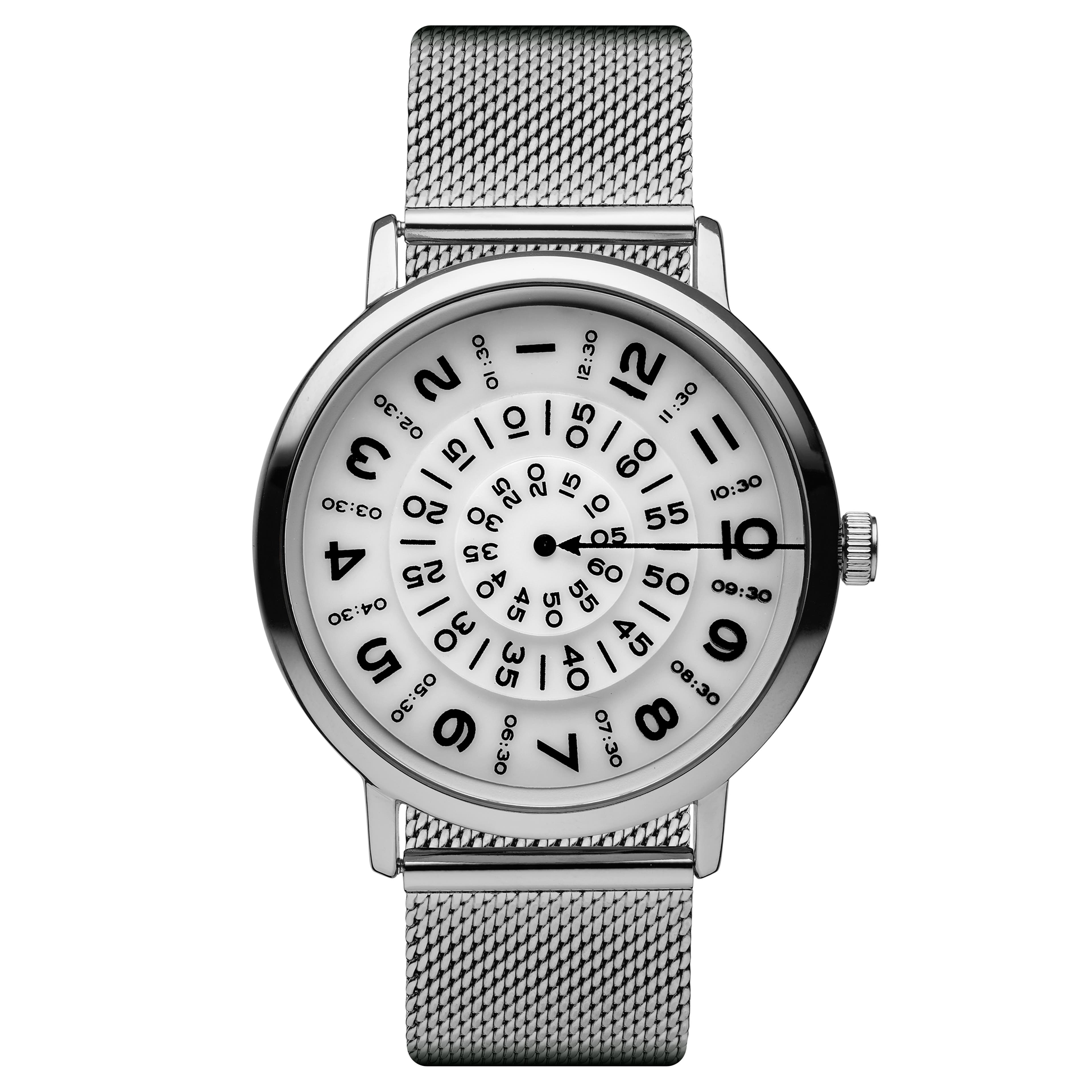 Ambitio | Silver-Tone Watch With White Rotating Dial & Stainless Steel Mesh Strap