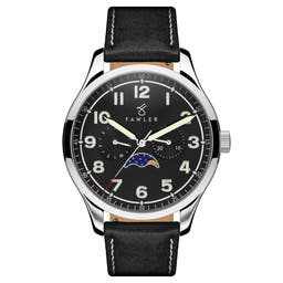 Orrin  | Silver-Tone Moonphase Watch With Black Dial & Black Leather Strap