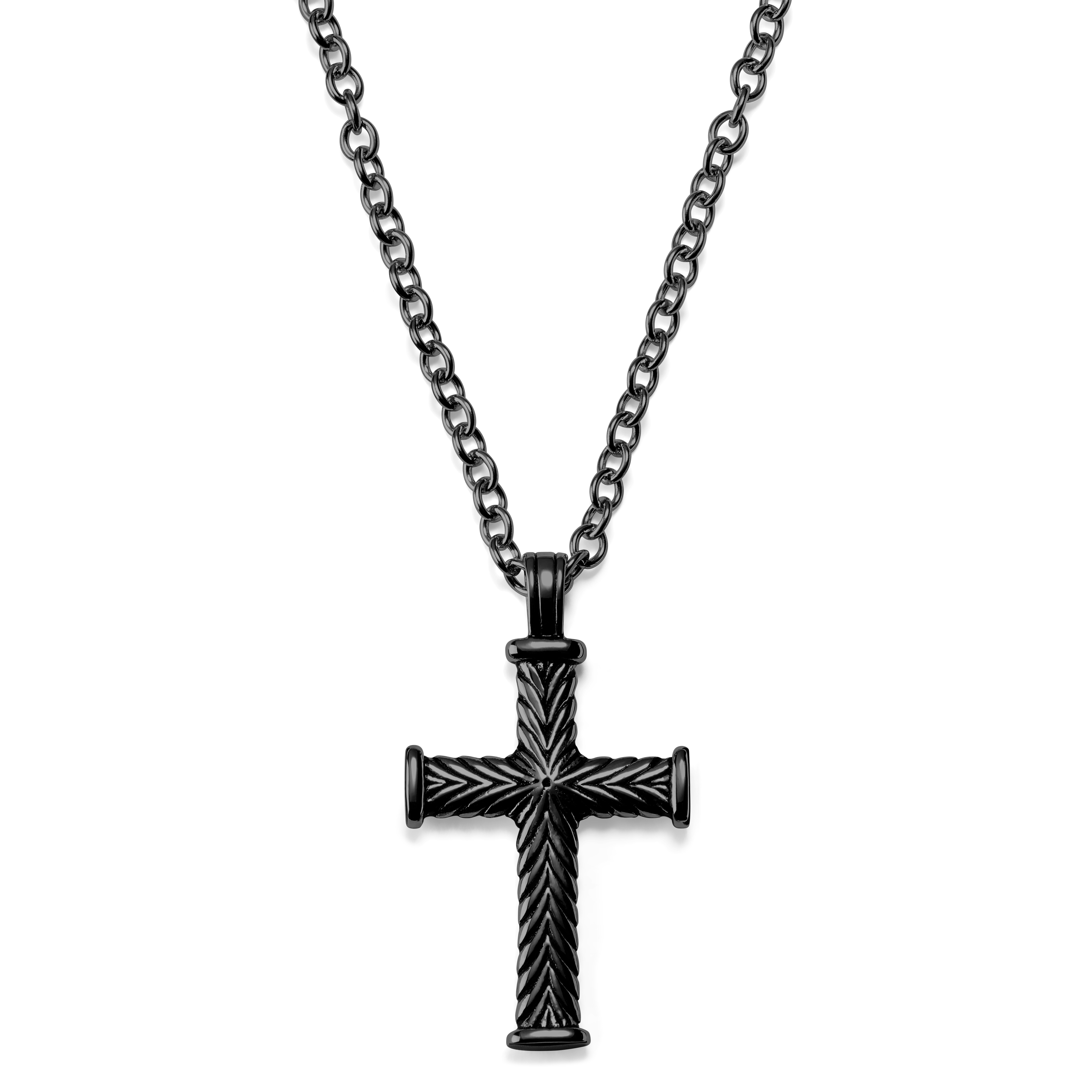Black Cross Necklace with Leaf Design  - 1