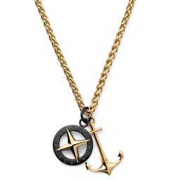 Tadd | Gold-Tone Anchor With Black Stainless Steel & Gold-Tone Compass Wheat Chain Necklace