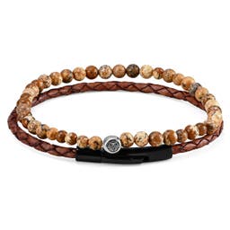 Rusty Brown Leather & Beige-Tone Stone Bracelet Set