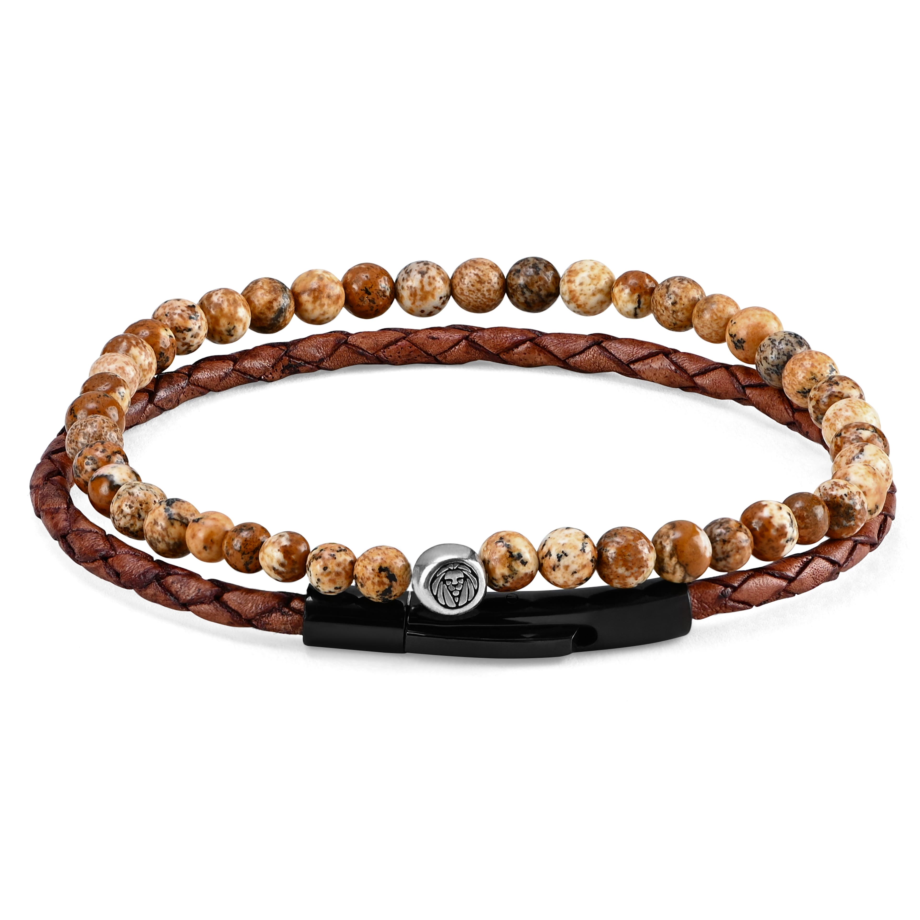 Rusty Brown Leather & Beige-Tone Stone Bracelet Set