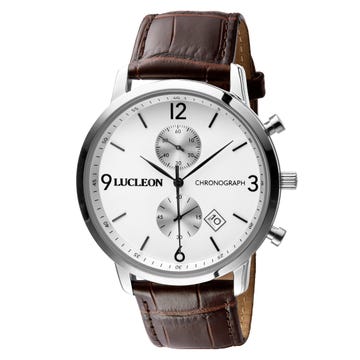 Lane | Silver-Tone Chronograph Watch With White Dial & Taupe Leather Strap