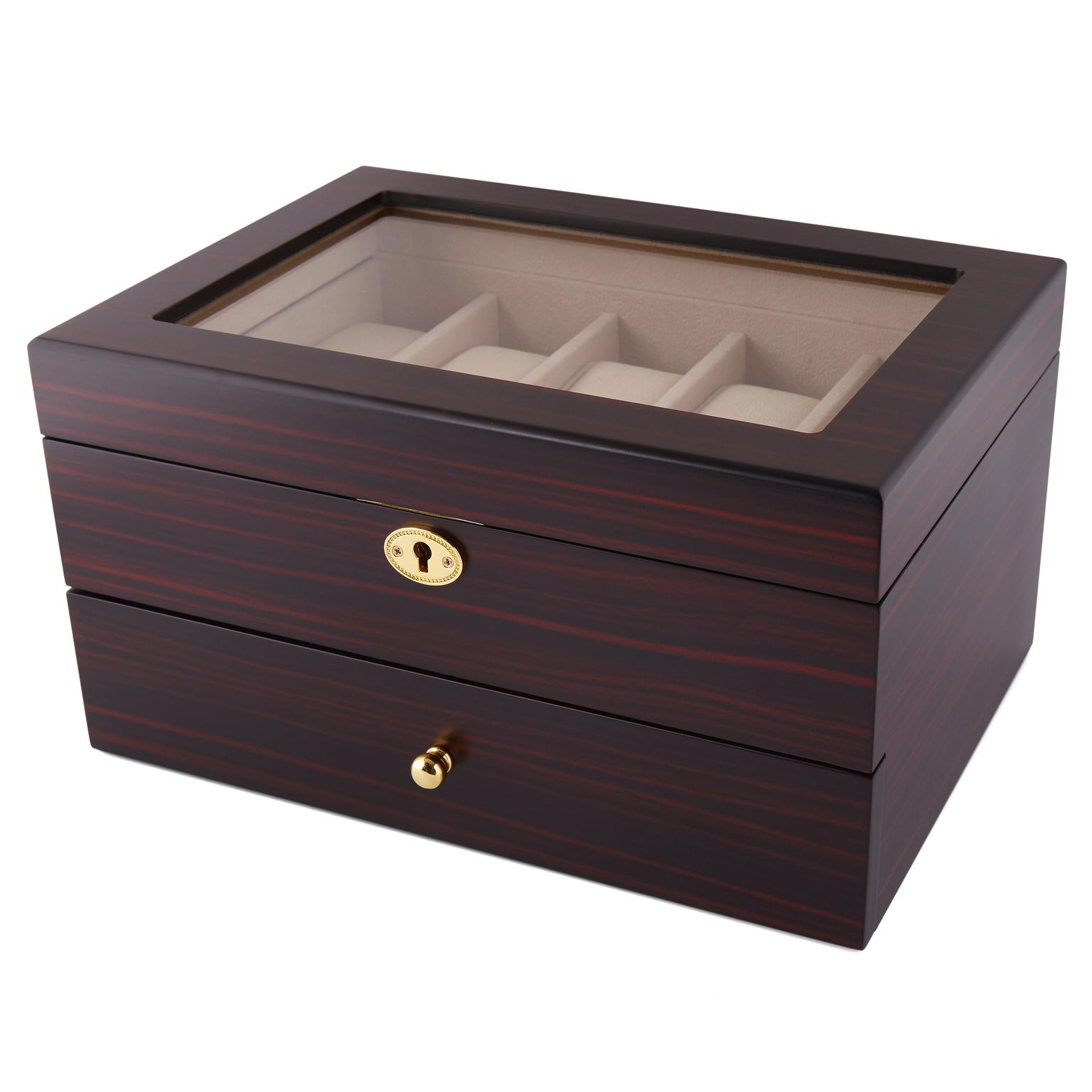 Two-Tier Gold-Tone Ebony Wood Watch Case - 20 Watches Two-Tier Gold-Tone Ebony Wood Watch Case - 20 Watches