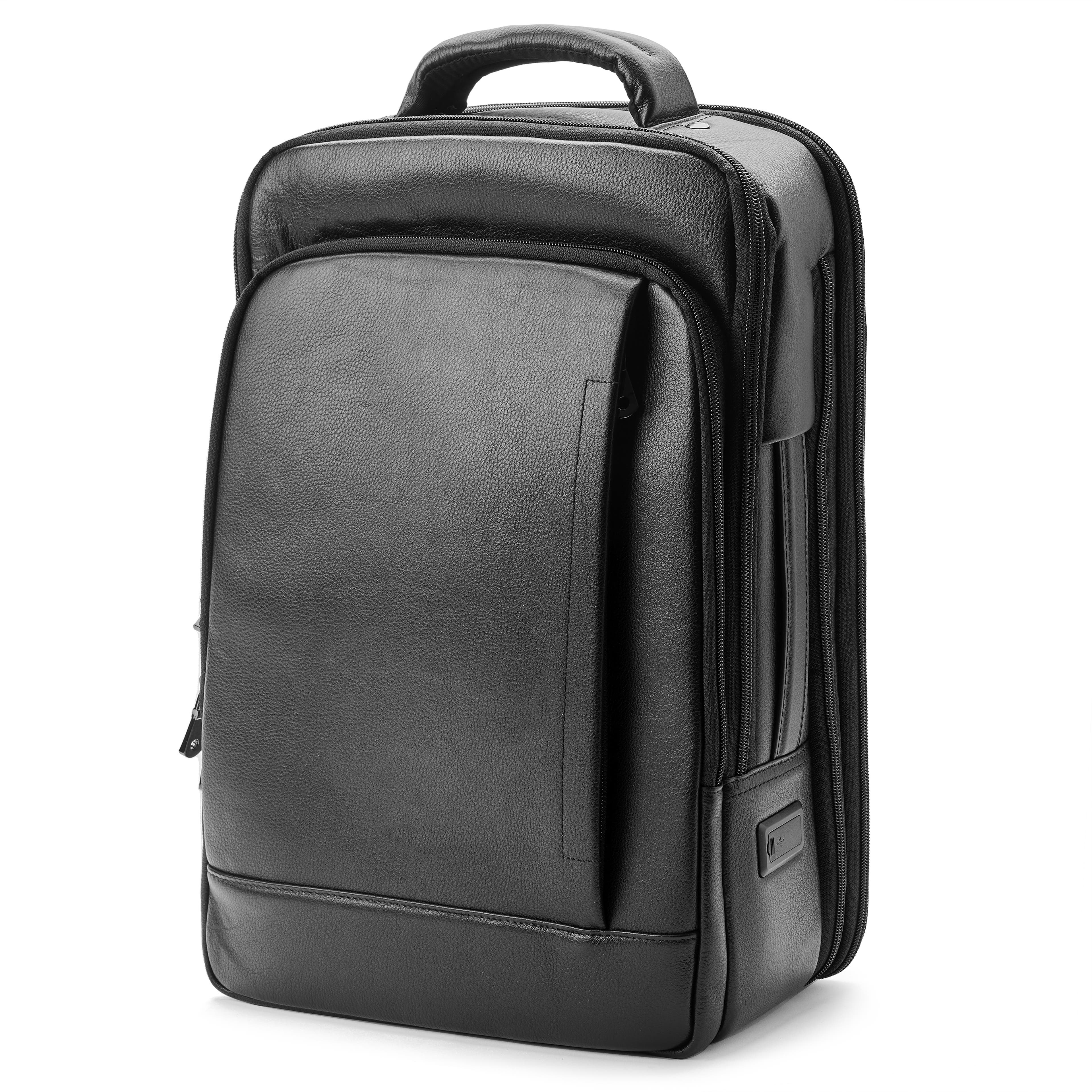 Černý kožený profesionální batoh na notebook s nabíjecím portem