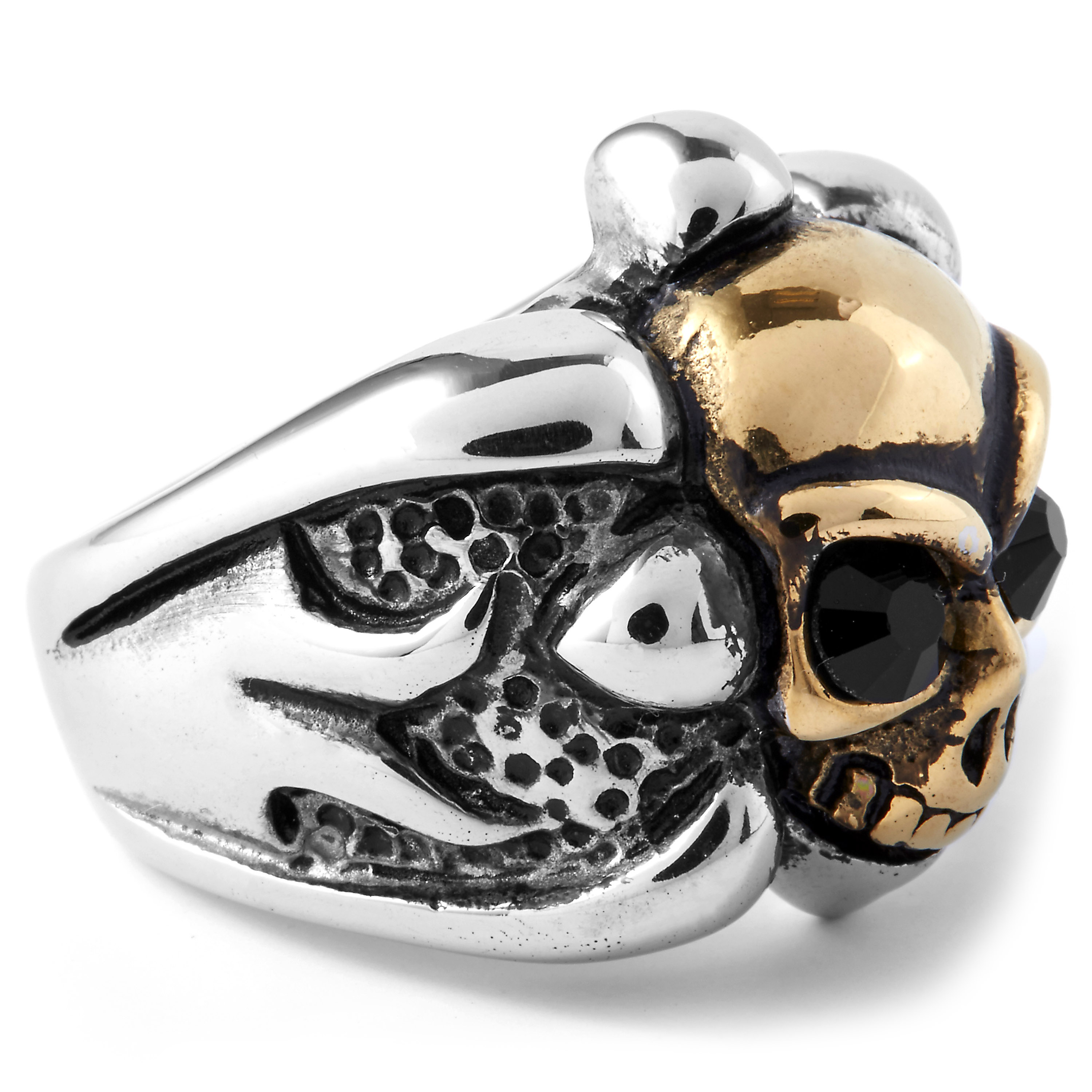 Anello a forma di teschio color acciaio e oro - 3