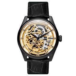 Motus | Black Stainless Steel Skeleton Watch With Gold-Tone Movement & Black Leather Strap