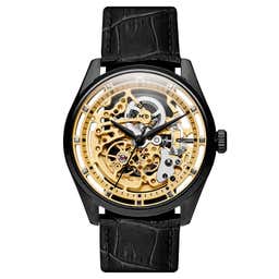 Motus | Black Stainless Steel Skeleton Watch With Gold-Tone Movement & Black Leather Strap