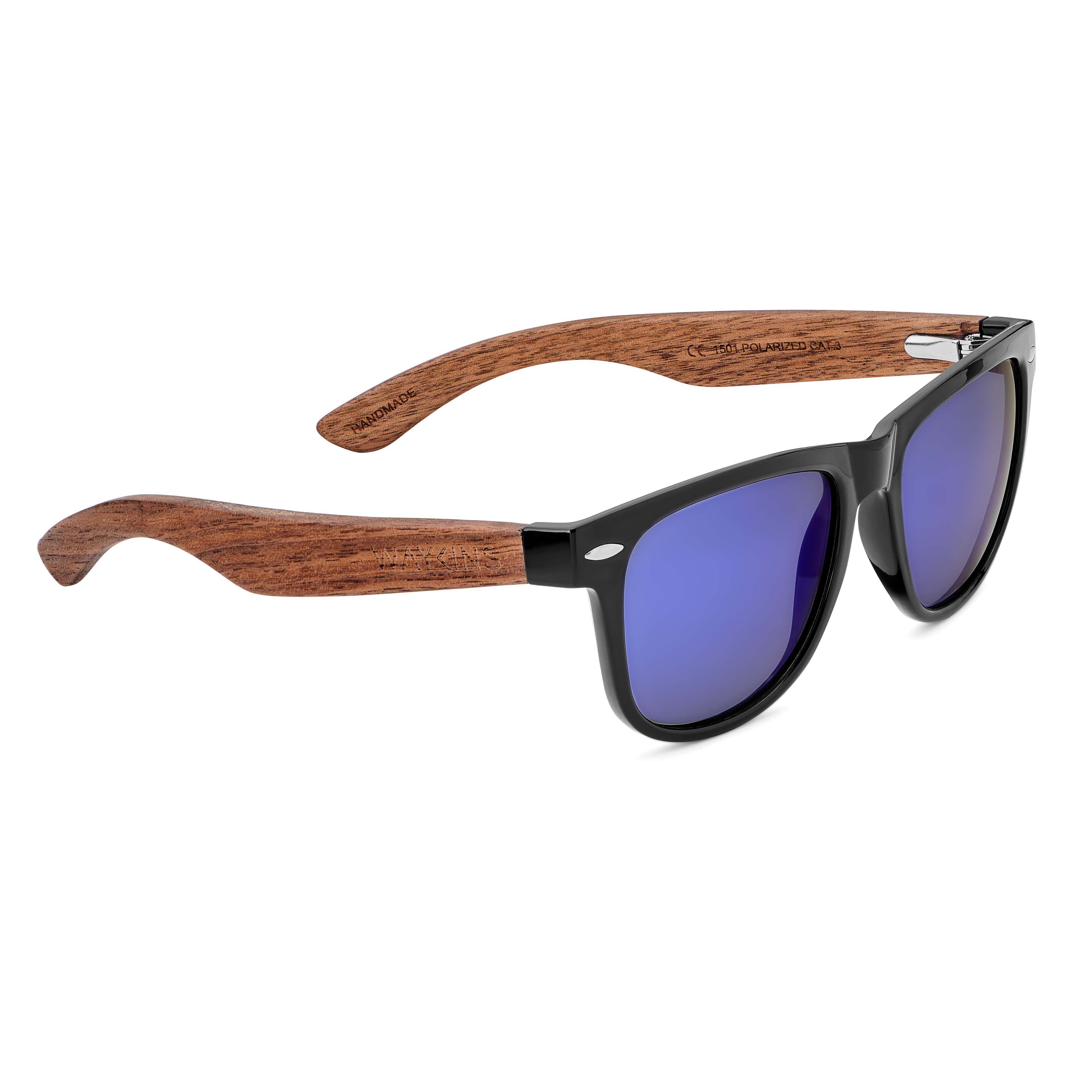 Black & Blue Retro Polarised Sunglasses With Wood Temples - 3 - gallery