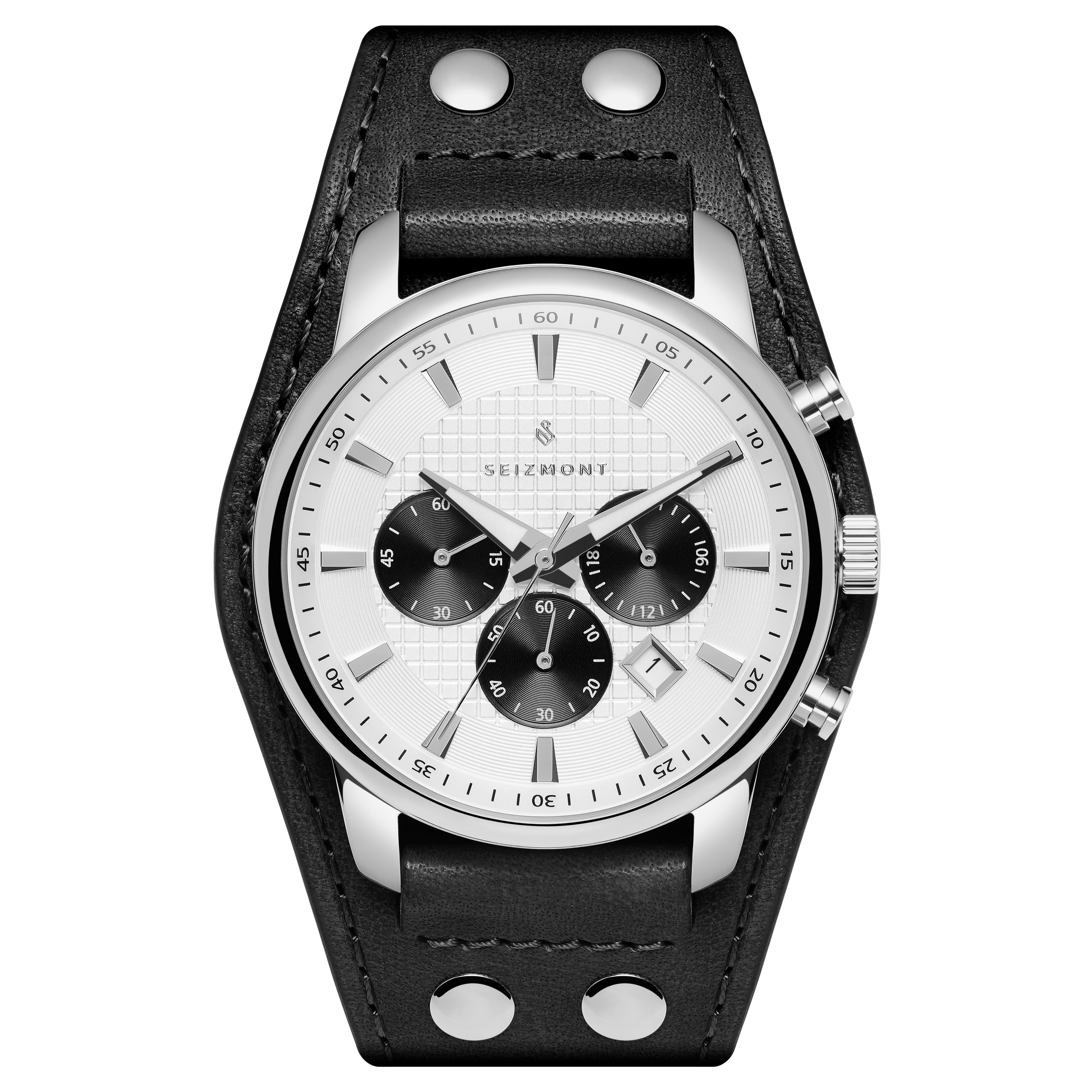 Iphios | Ceas cronograf alb-negru din oțel inoxidabil cu curea lată din piele
