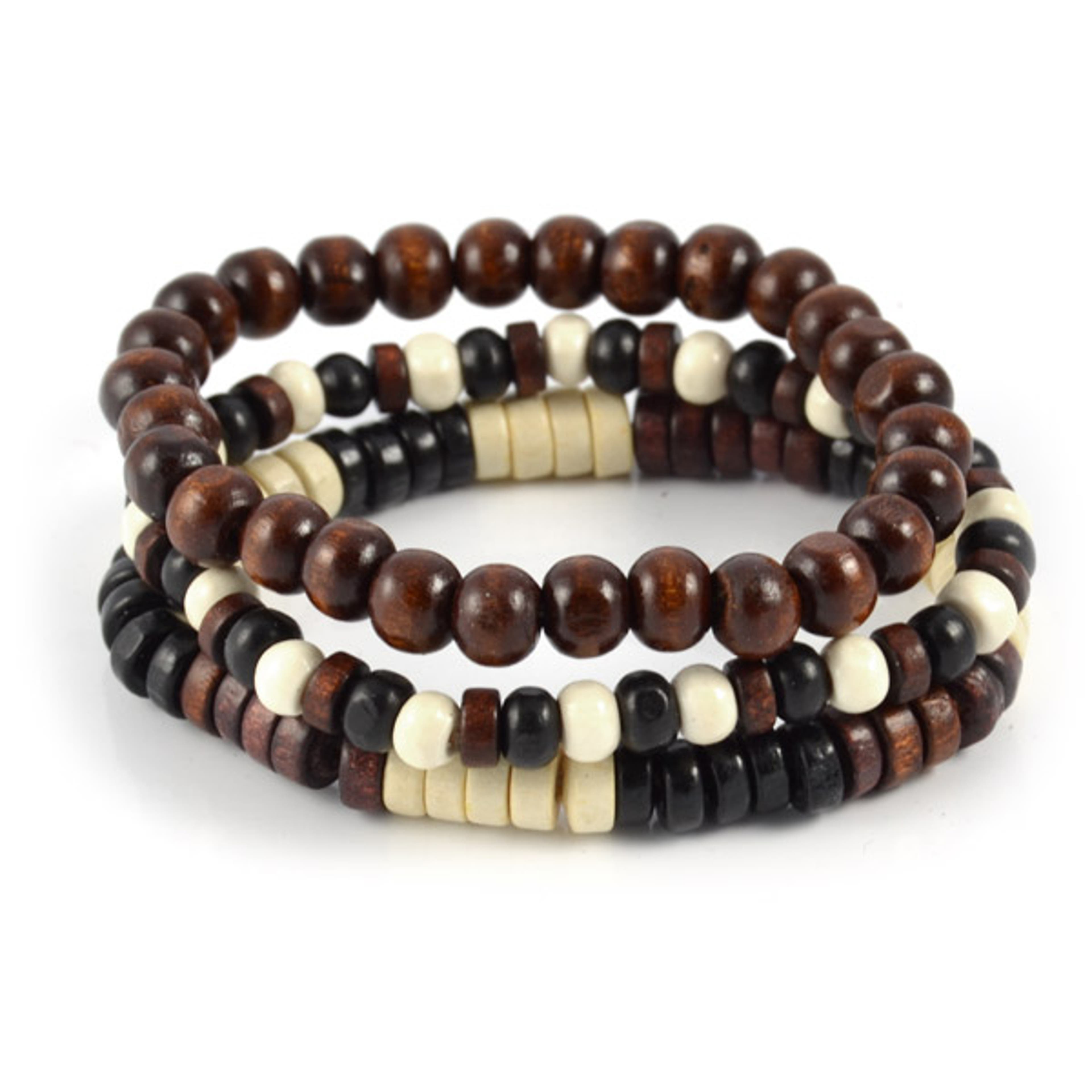 Brown, Beige & Black Wood Bead Bracelet