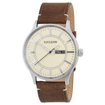 Scout | Silver-Tone Day-Date Watch With Champagne Dial & Brown Leather Strap