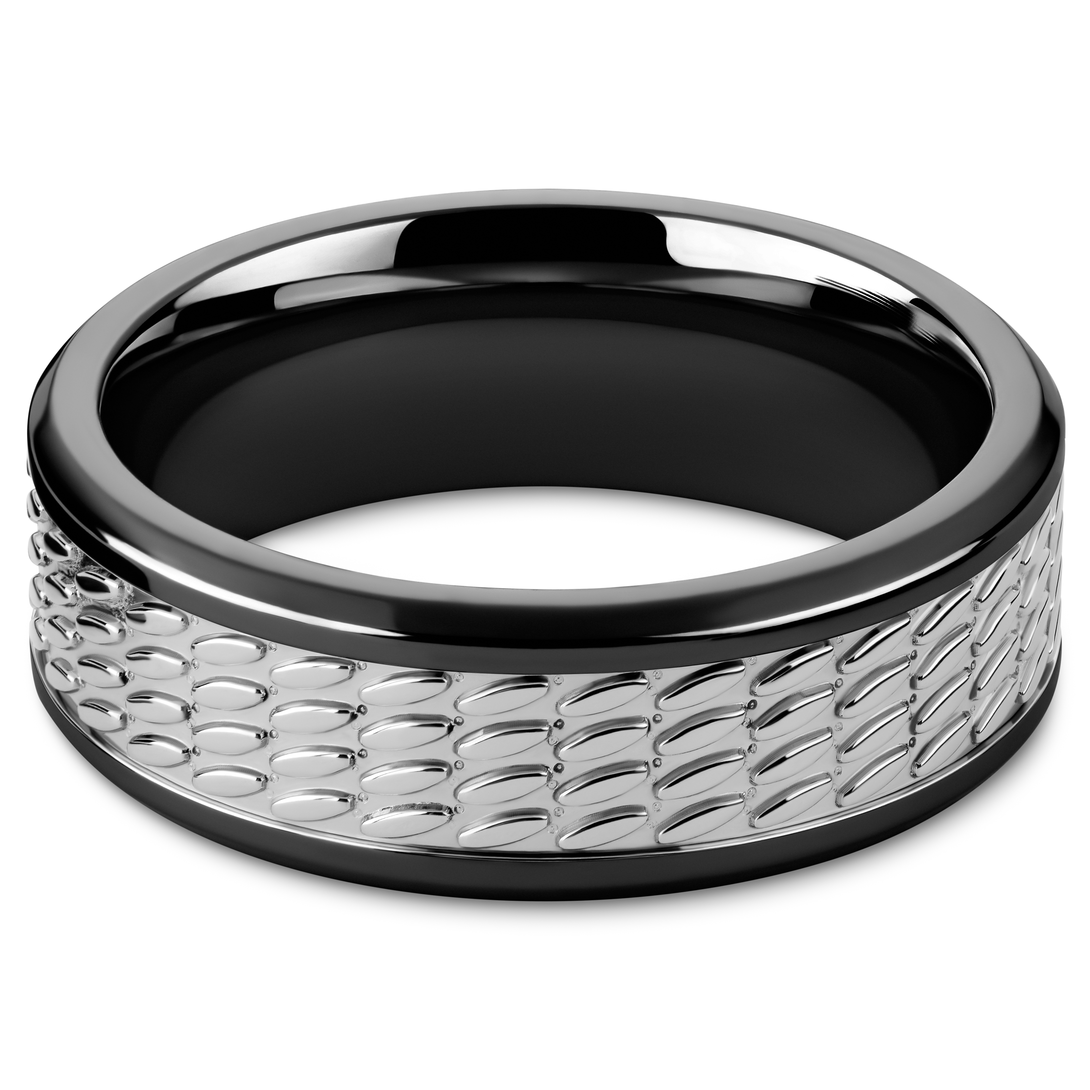 Hyperan | 8 mm Black Titanium Ring with Silver-tone Oval Pattern - 2