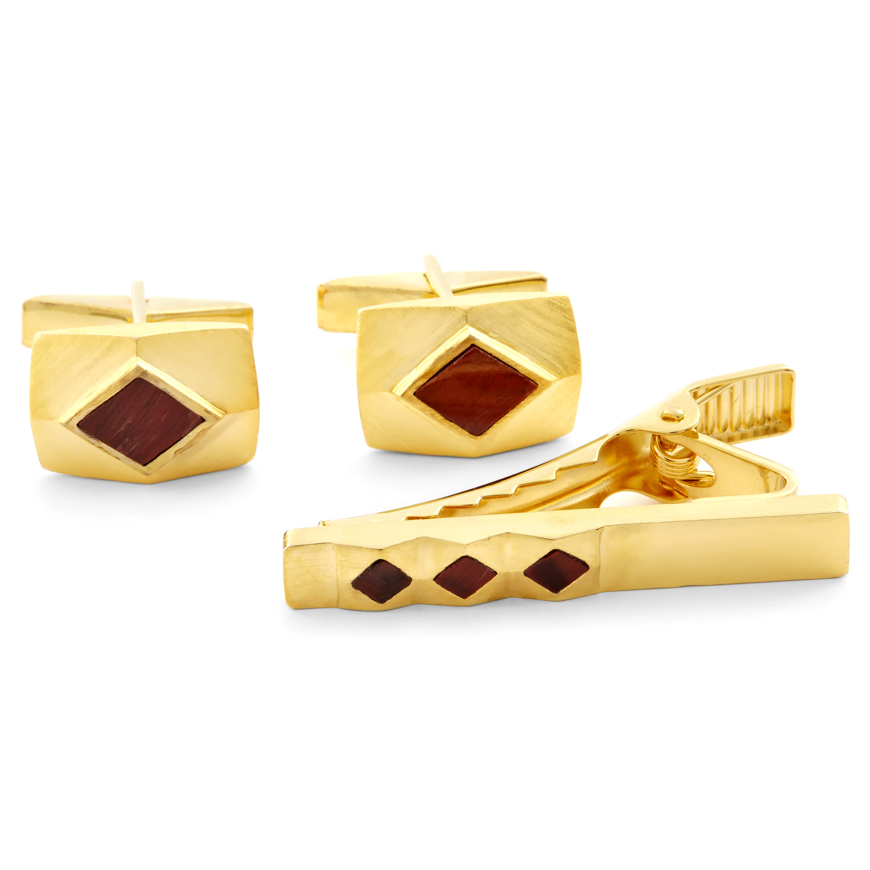 Vergoldete 925er Silber Manschettenknöpfe & Kurze Krawattenklammer Set Mit Tigerauge - 1