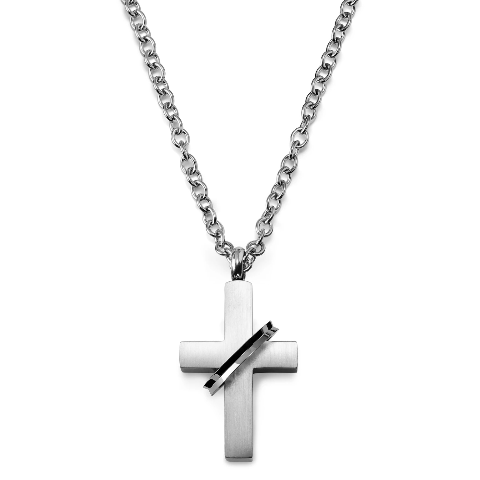 Silver-Tone Stainless Steel With Cross & Ring Cable Chain Necklace Silver-Tone Stainless Steel With Cross & Ring Cable Chain Necklace