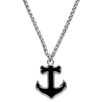 Silver-Tone Stainless Steel Anchor With Black Onyx Inlay Wheat Chain Necklace