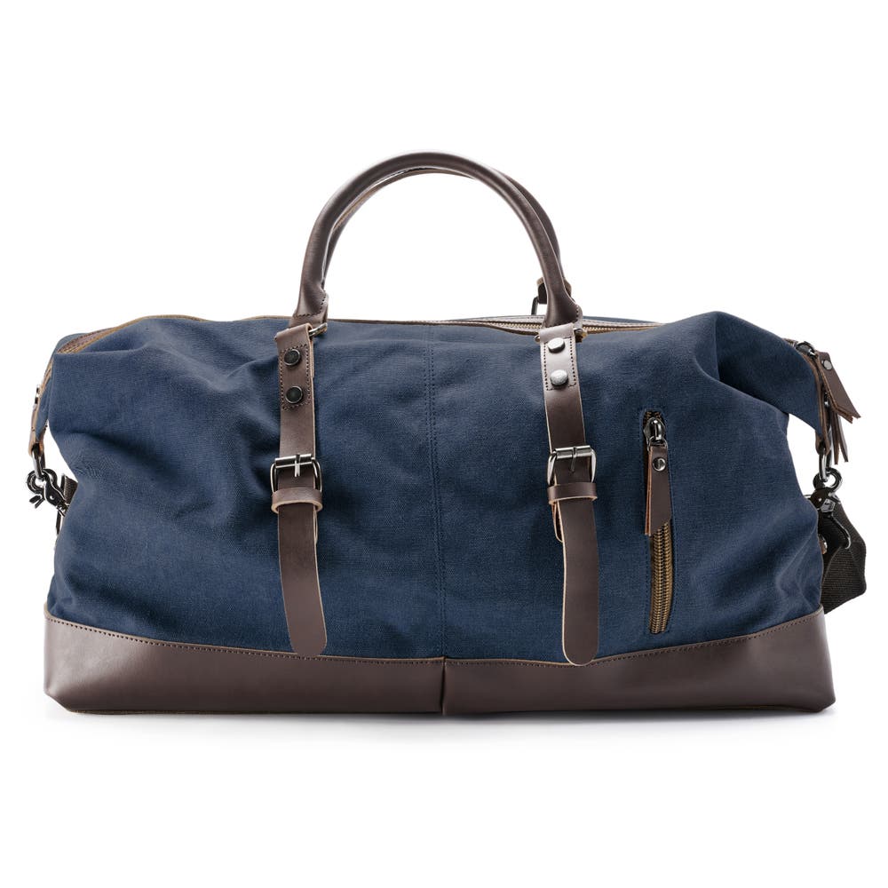 hover: Denim Blue Canvas & Brown Leather Duffel Bag hover: Denim Blue Canvas & Brown Leather Duffel Bag