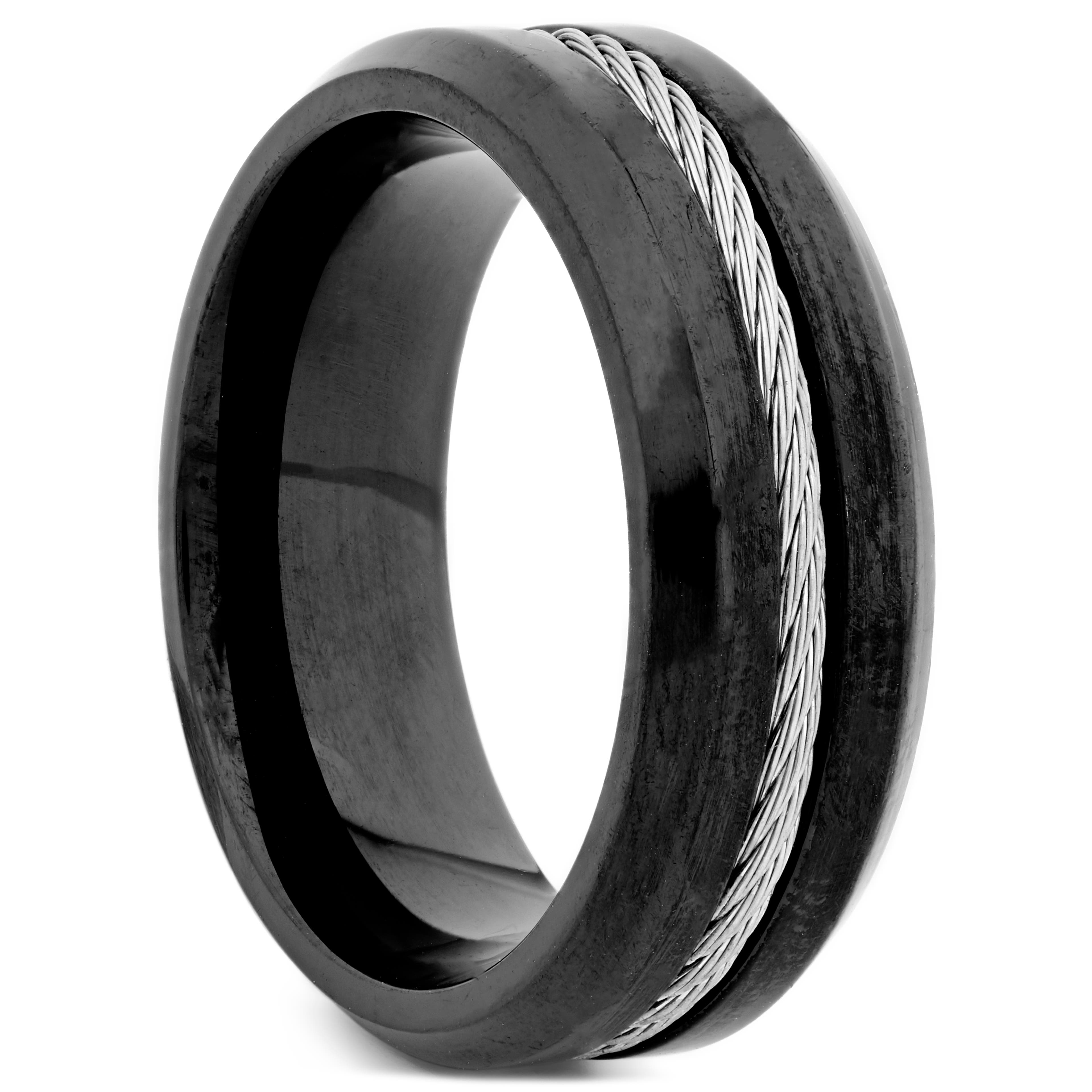 Prsten Ocelové lanko v černé a stříbrné barvě 