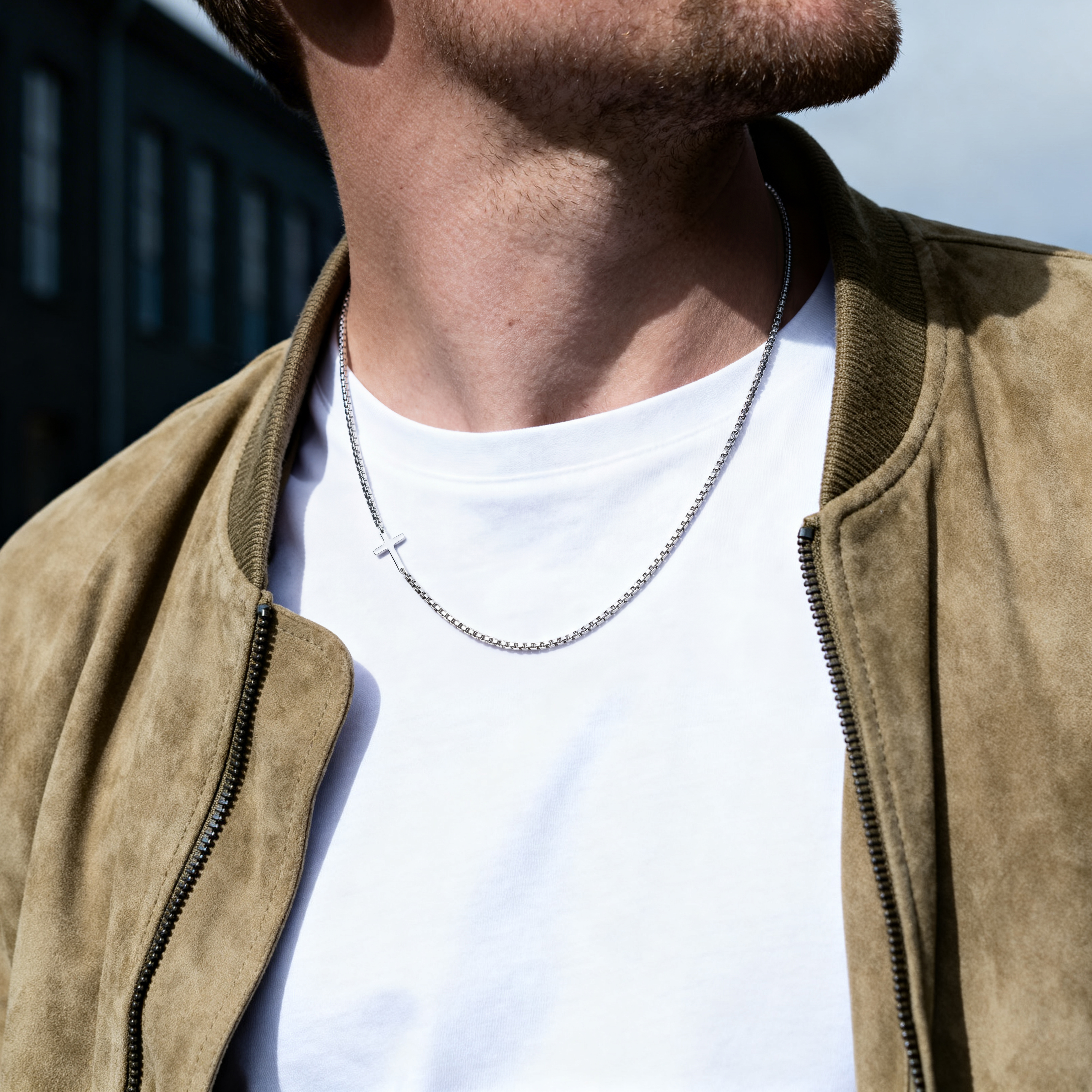 New Classics | 3mm Silver-Tone Stainless Steel Rounded Box Chain Cross Necklace - 3