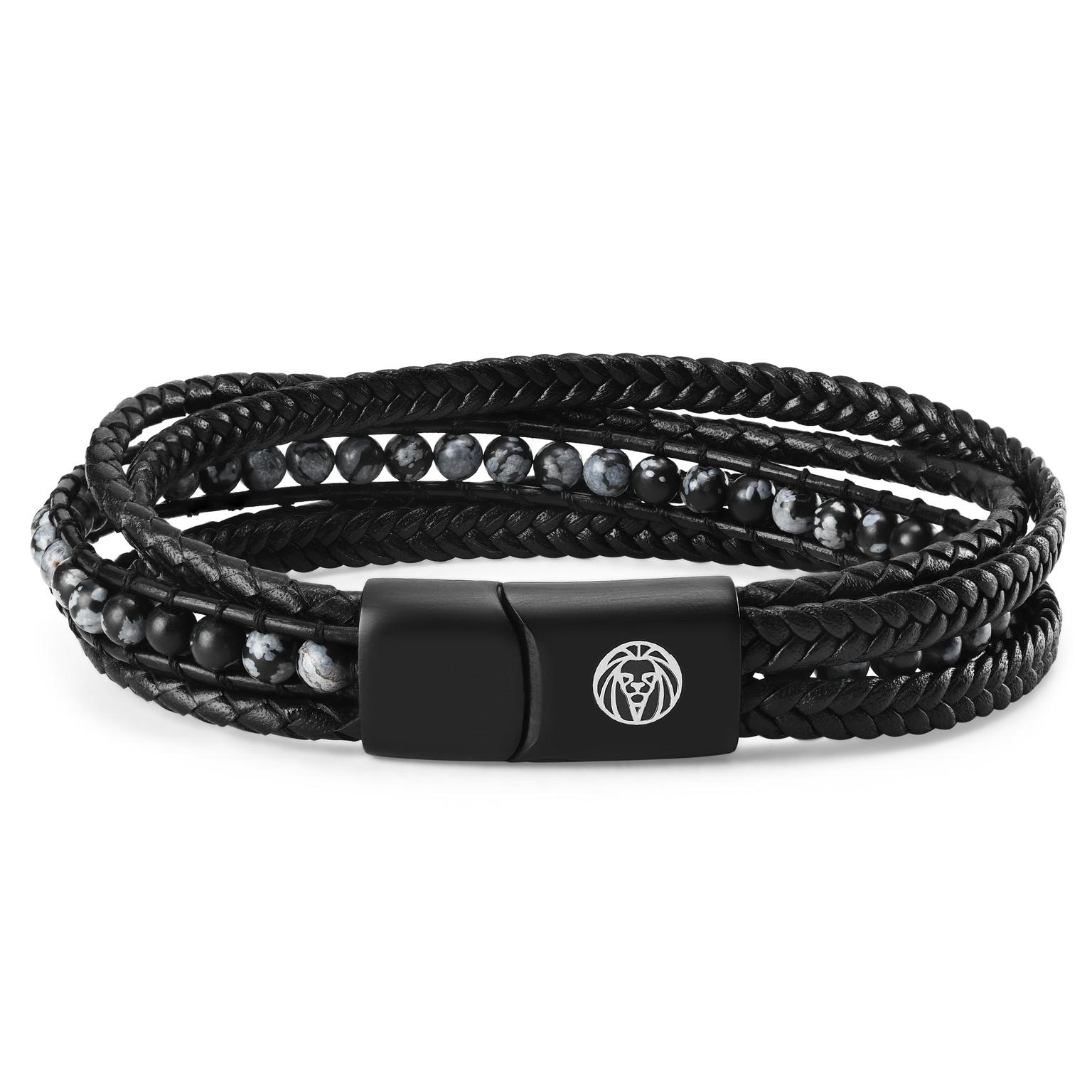 Naxos | Black Braided Leather & Snowflake Obsidian Bracelet Naxos | Black Braided Leather & Snowflake Obsidian Bracelet