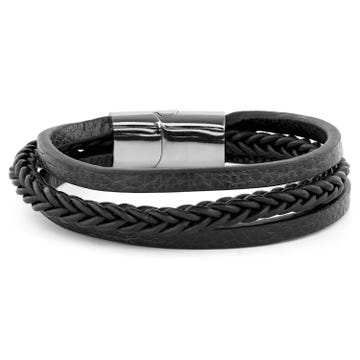 Triple-Stacked Black Leather Bracelet