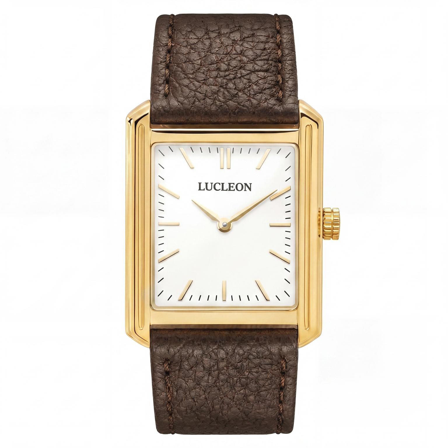 Legacy | Retro vierkant goudkleurig horloge met witte wijzerplaat en donkerbruine leren band Legacy | Retro vierkant goudkleurig horloge met witte wijzerplaat en donkerbruine leren band