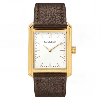 Legacy | Relógio Retro Quadrado Dourado com Mostrador Branco e Pulseira em Pele Castanha-escura Legacy | Relógio Retro Quadrado Dourado com Mostrador Branco e Pulseira em Pele Castanha-escura