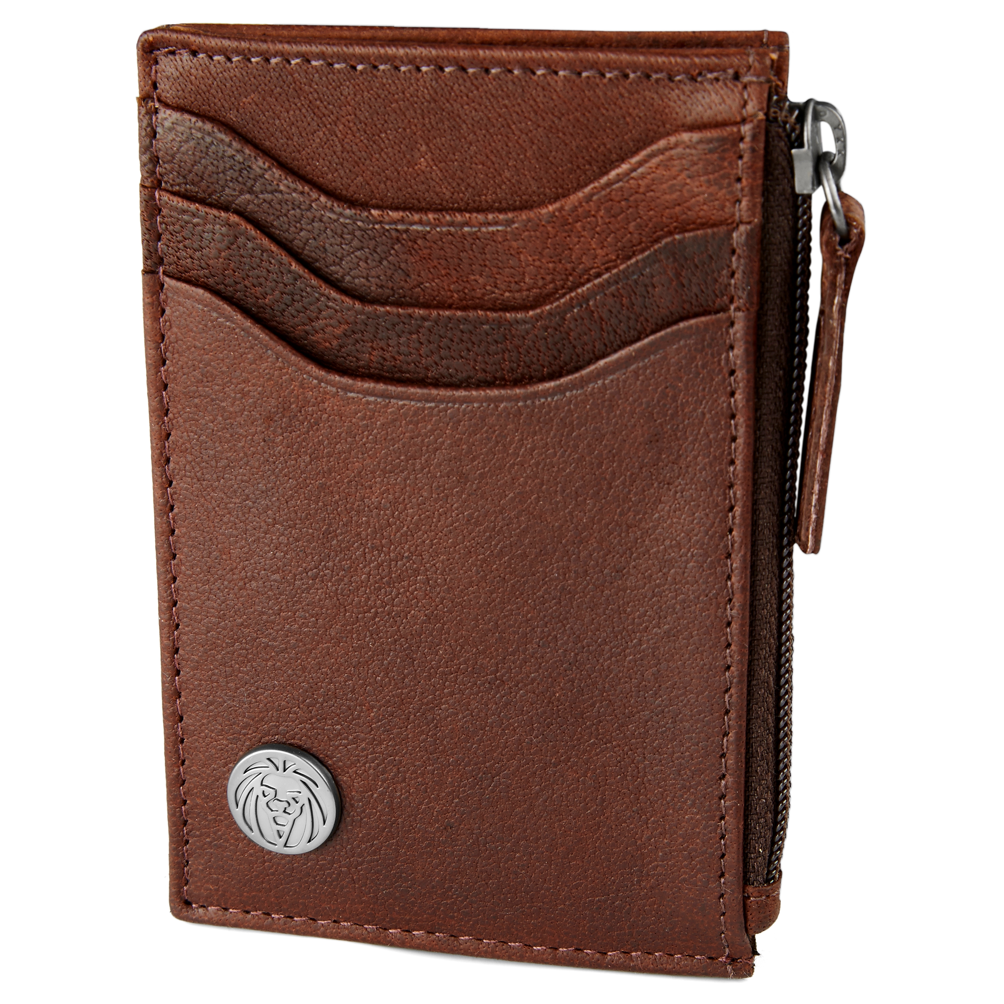 Tarjetero con cremallera de cuero marrón Oxford - 1