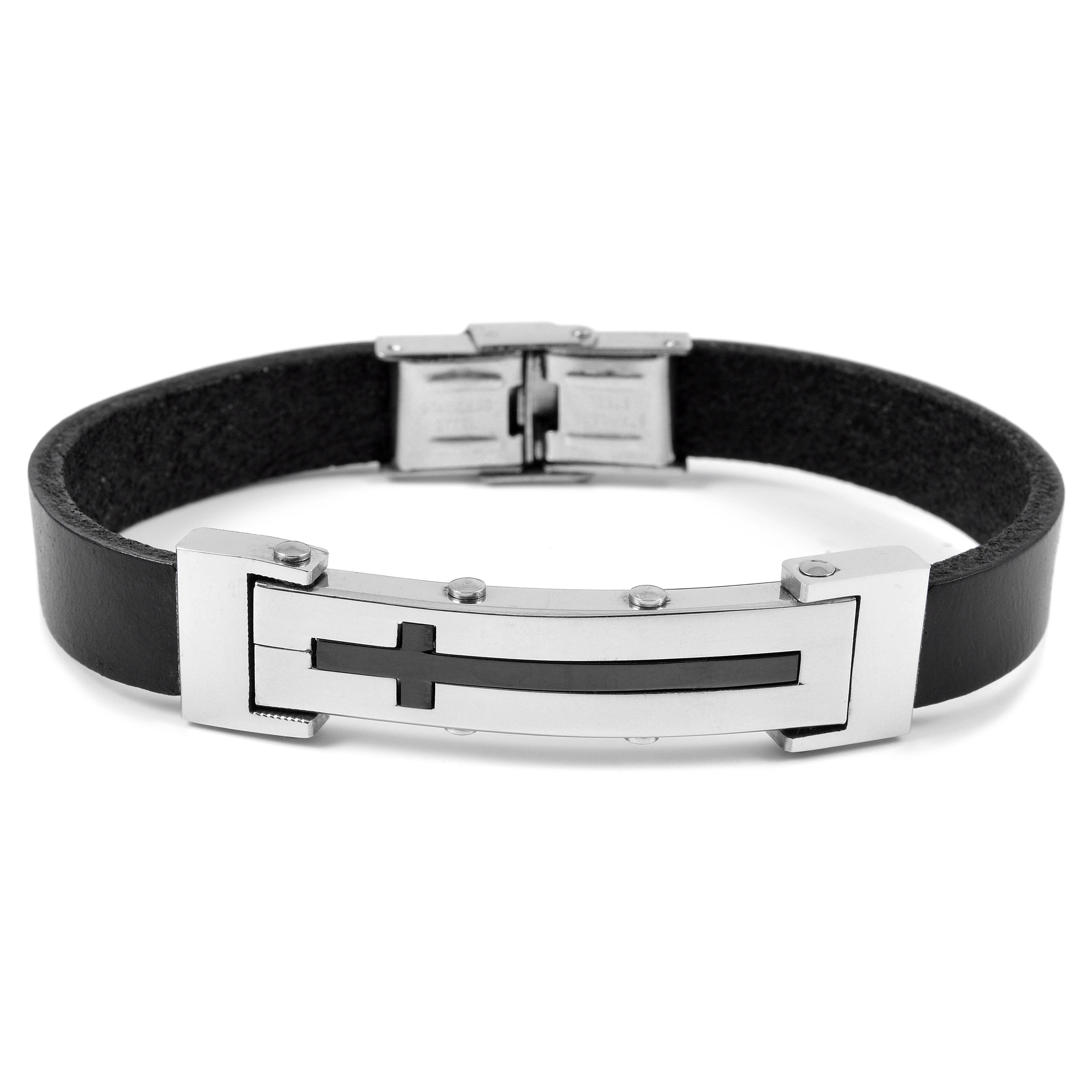 Svart Kors Skinnarmbånd - 1