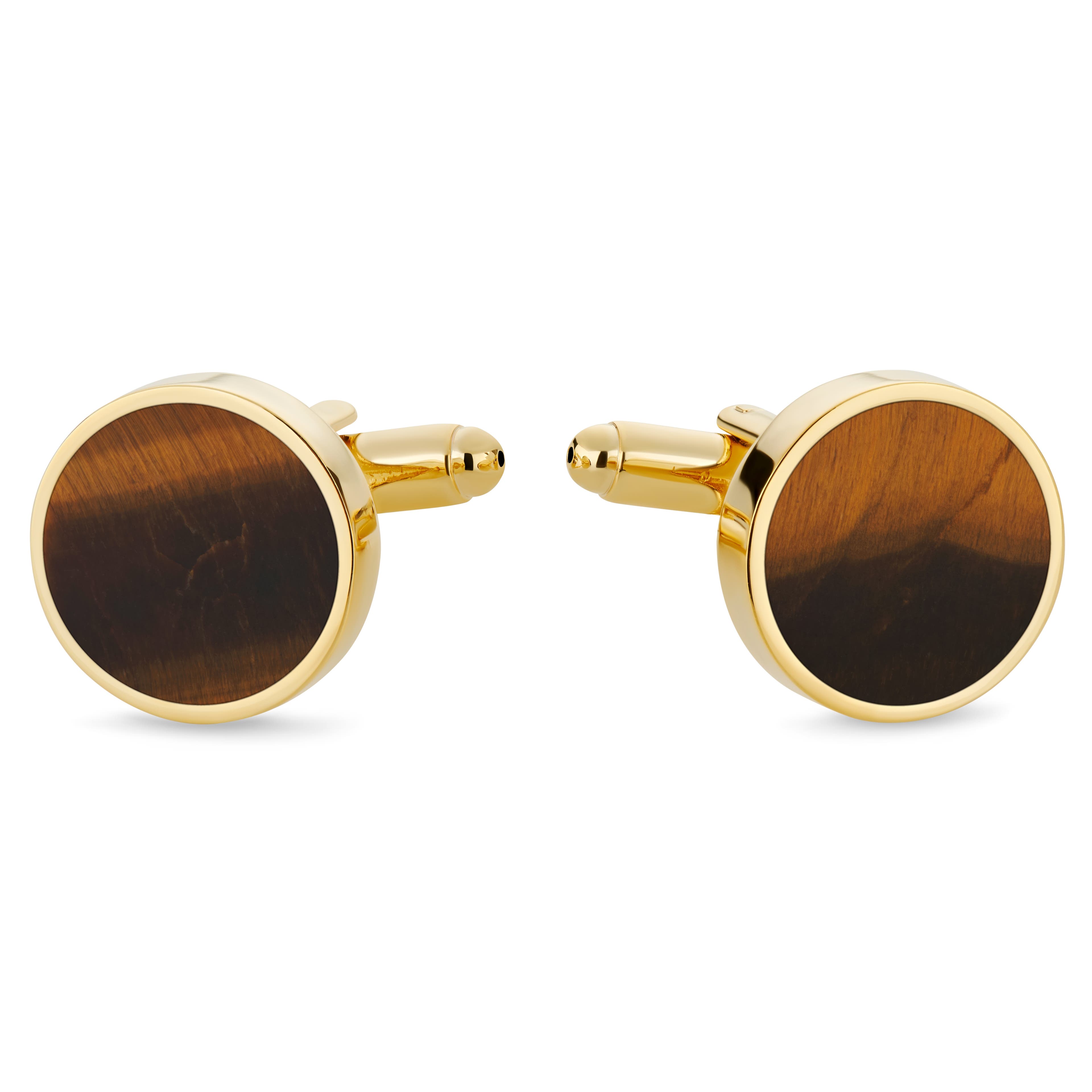 Round Gold-Tone Cufflinks with Tiger's Eye Inlay Round Gold-Tone Cufflinks with Tiger's Eye Inlay