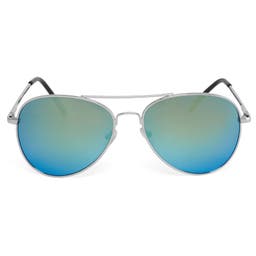 Aviator Silver-Tone & Turquoise Mirror Sunglasses