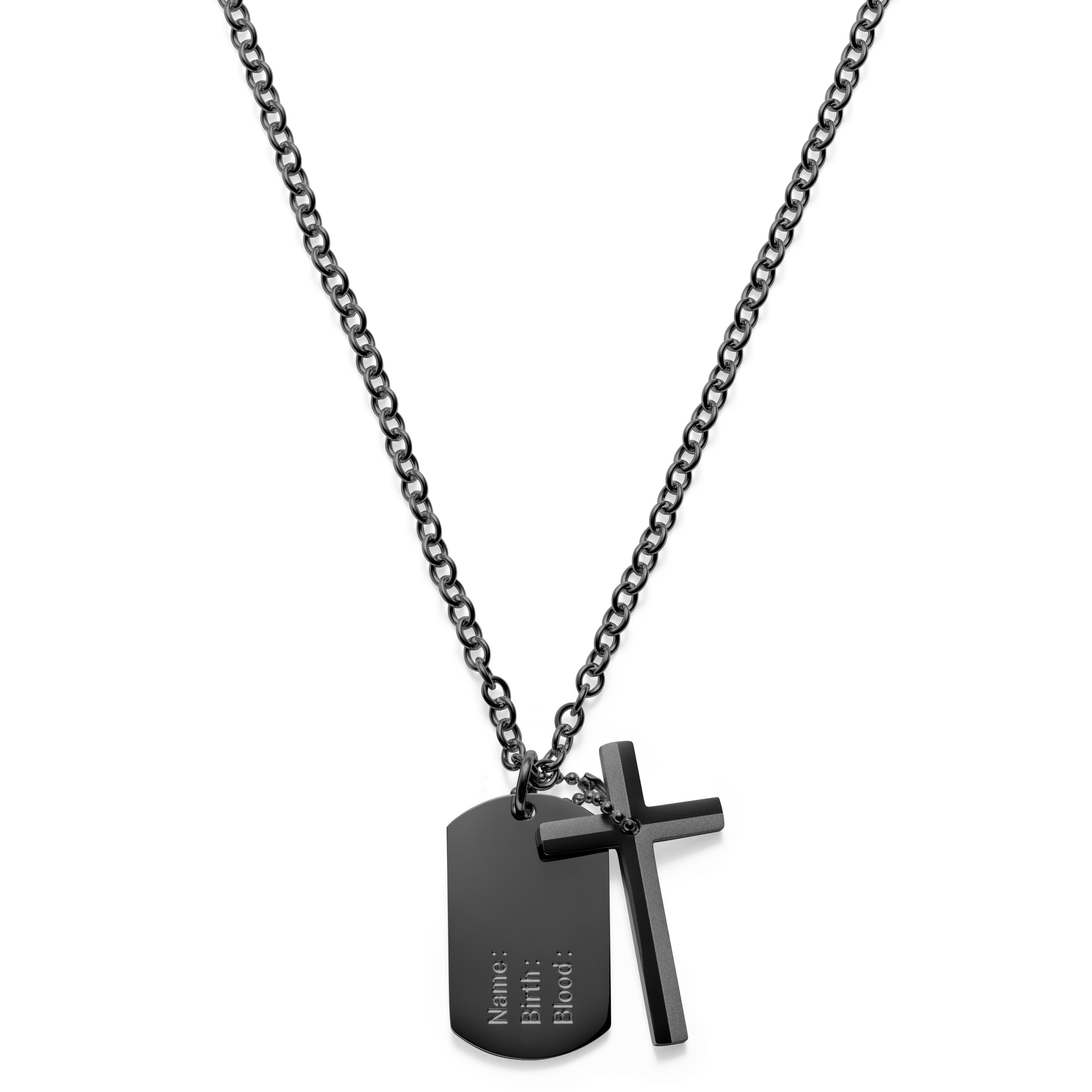 Elegante collana in acciaio nero con croce e piastrina