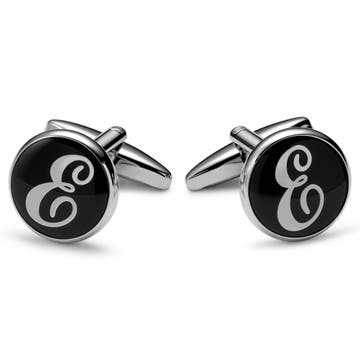Round Silver-tone and Black Initial E Cufflinks