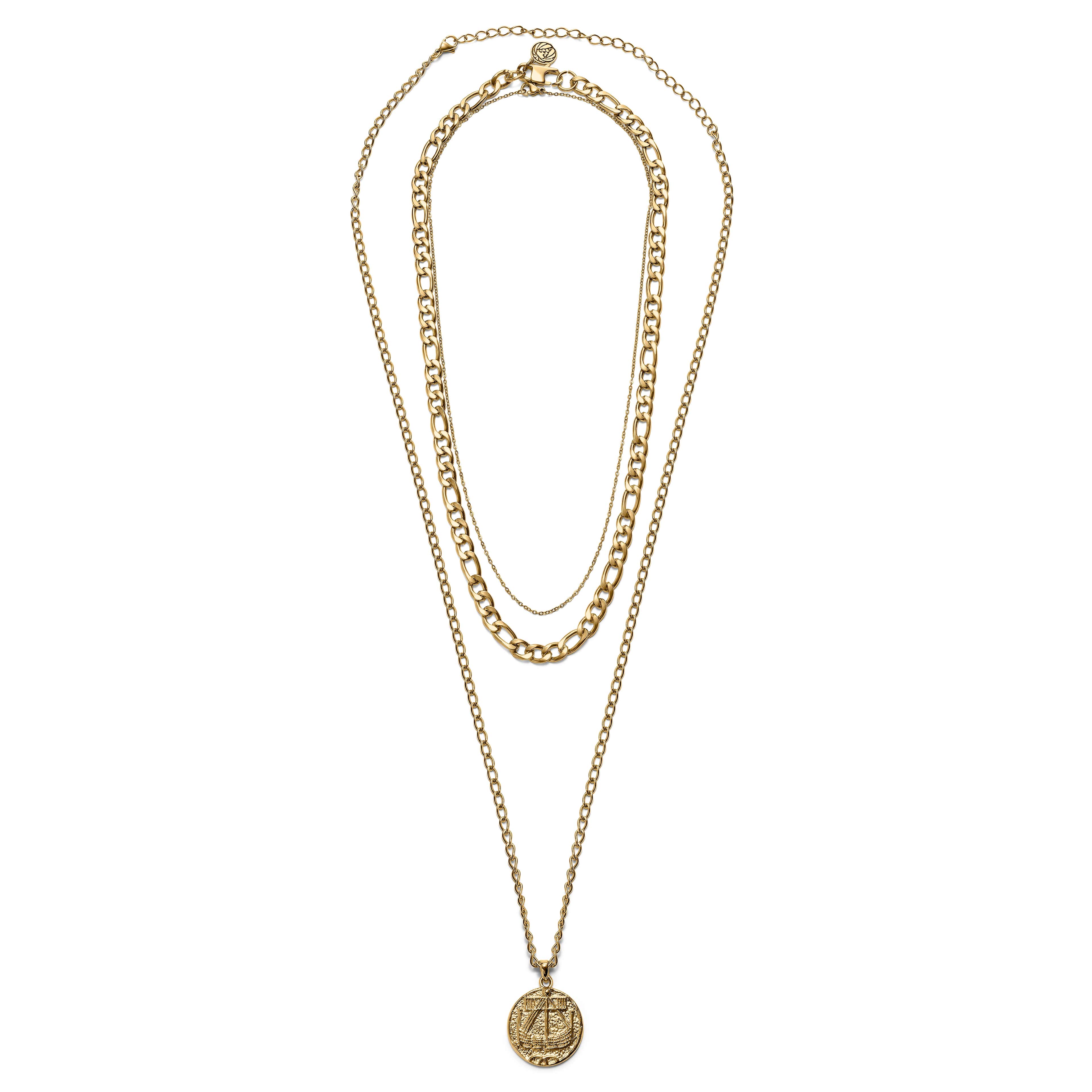 Gold-tone Viking Coin, Light Chain, and Figaro Chain Layering Bundle