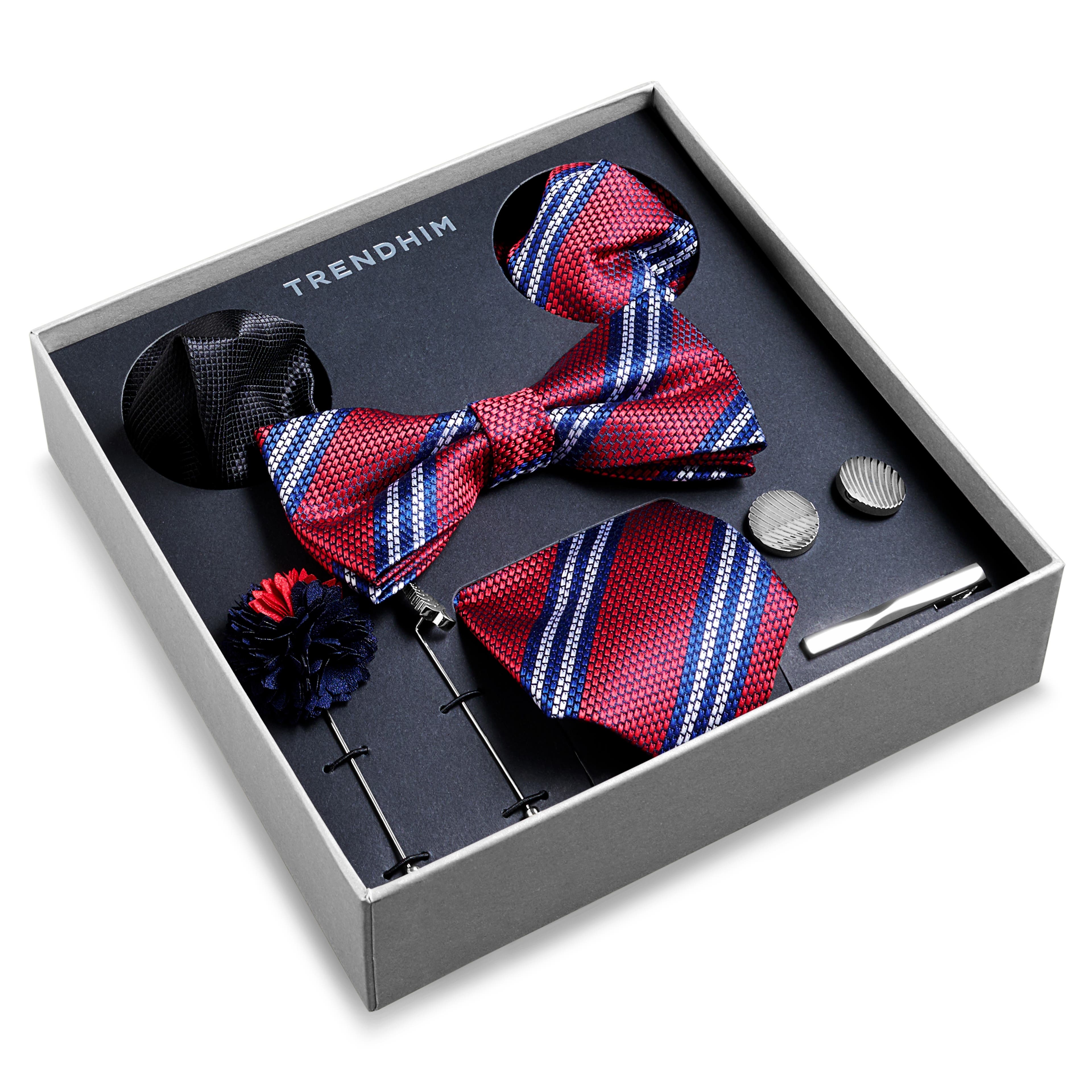 Подаръчна кутия с аксесоари за костюм | Раиран комплект в червено и черно