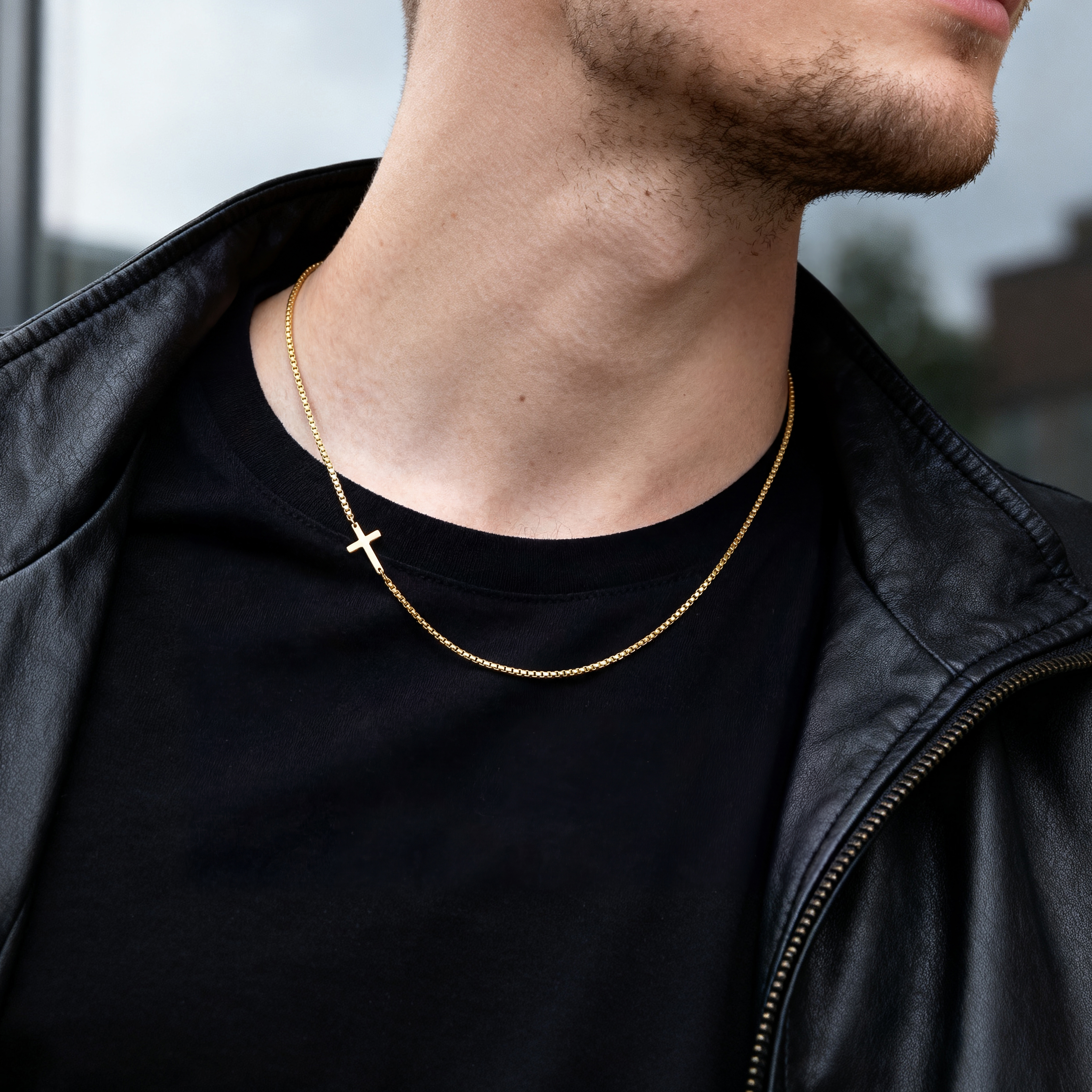 New Classics | 3mm Gold-Tone Stainless Steel Rounded Box Chain Cross Necklace - 3