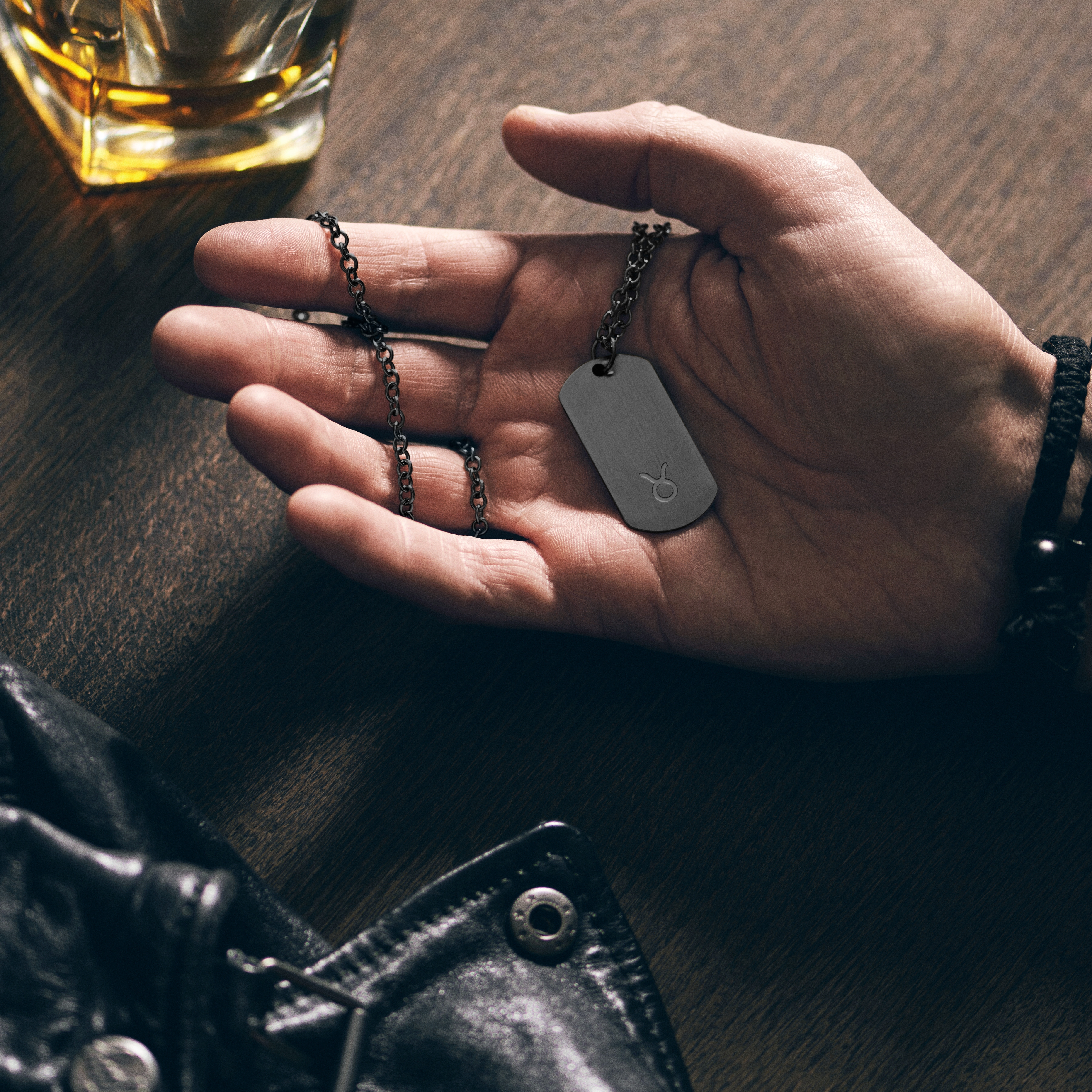 Zodiac | Gunmetal Stainless Steel Taurus Star Sign Dog Tag Cable Chain Necklace - 4