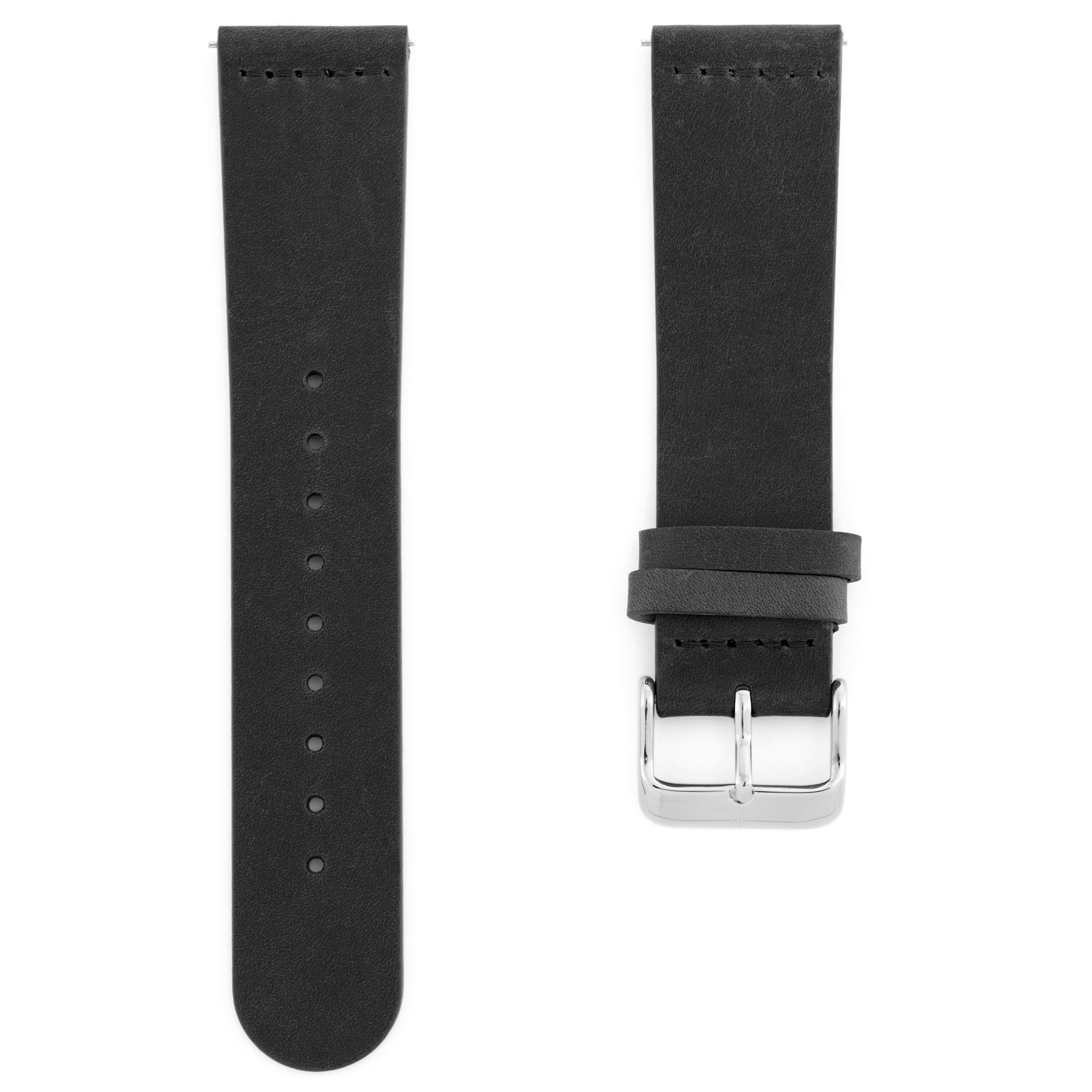 Black Leather & Silver Buckle Watch Strap - 1