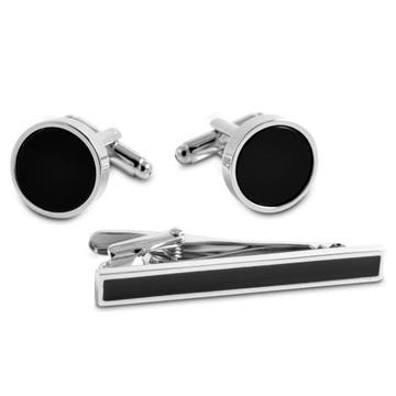 Silver-Tone and Black Tie Clip and Cufflinks Set Silver-Tone and Black Tie Clip and Cufflinks Set