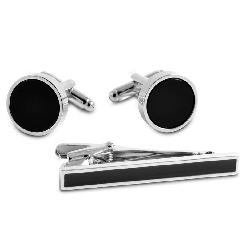 Set de pinces à cravate et de boutons de manchette couleur argent et noir Set de pinces à cravate et de boutons de manchette couleur argent et noir