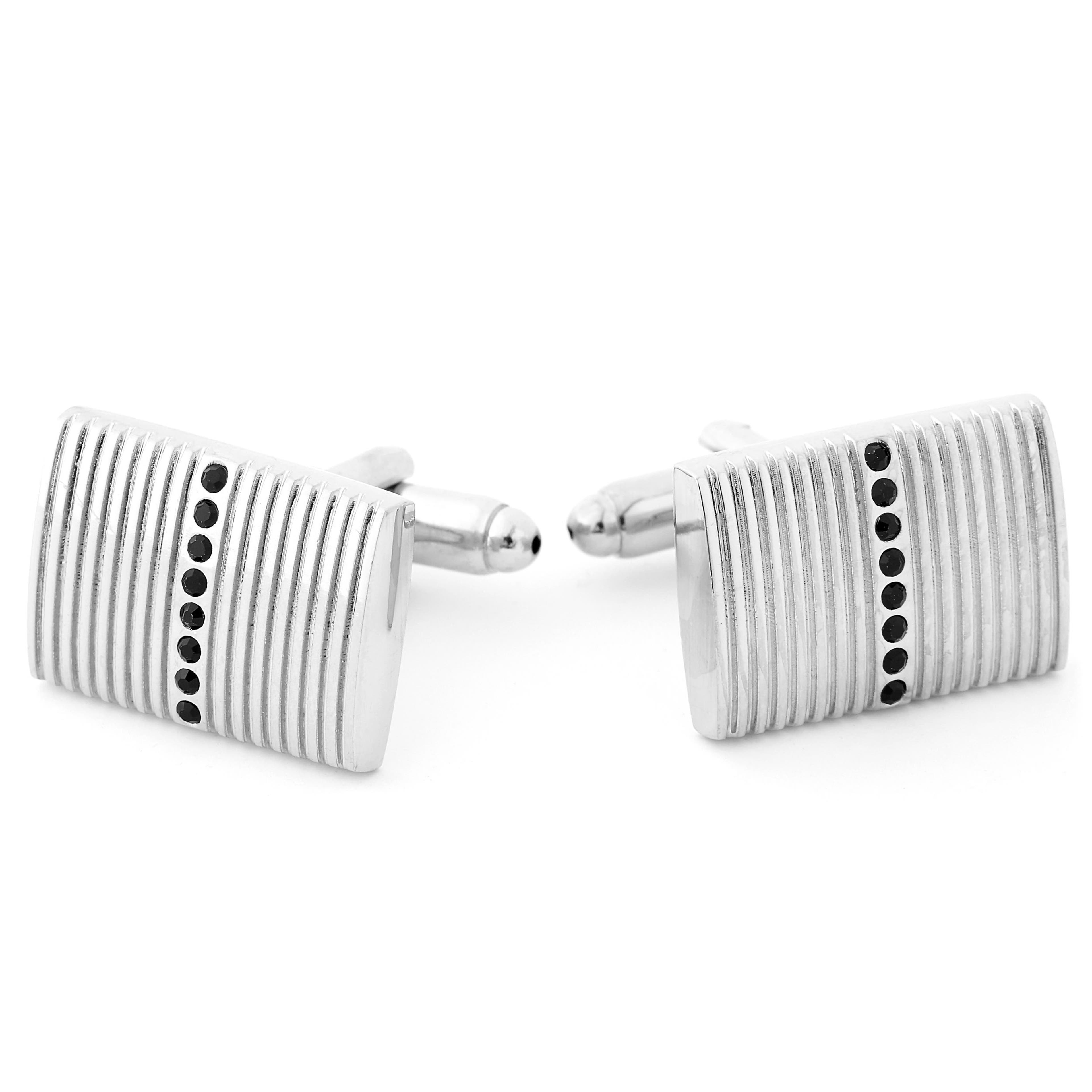Rectangle Silver-Tone & Zirconia Striped Cufflinks